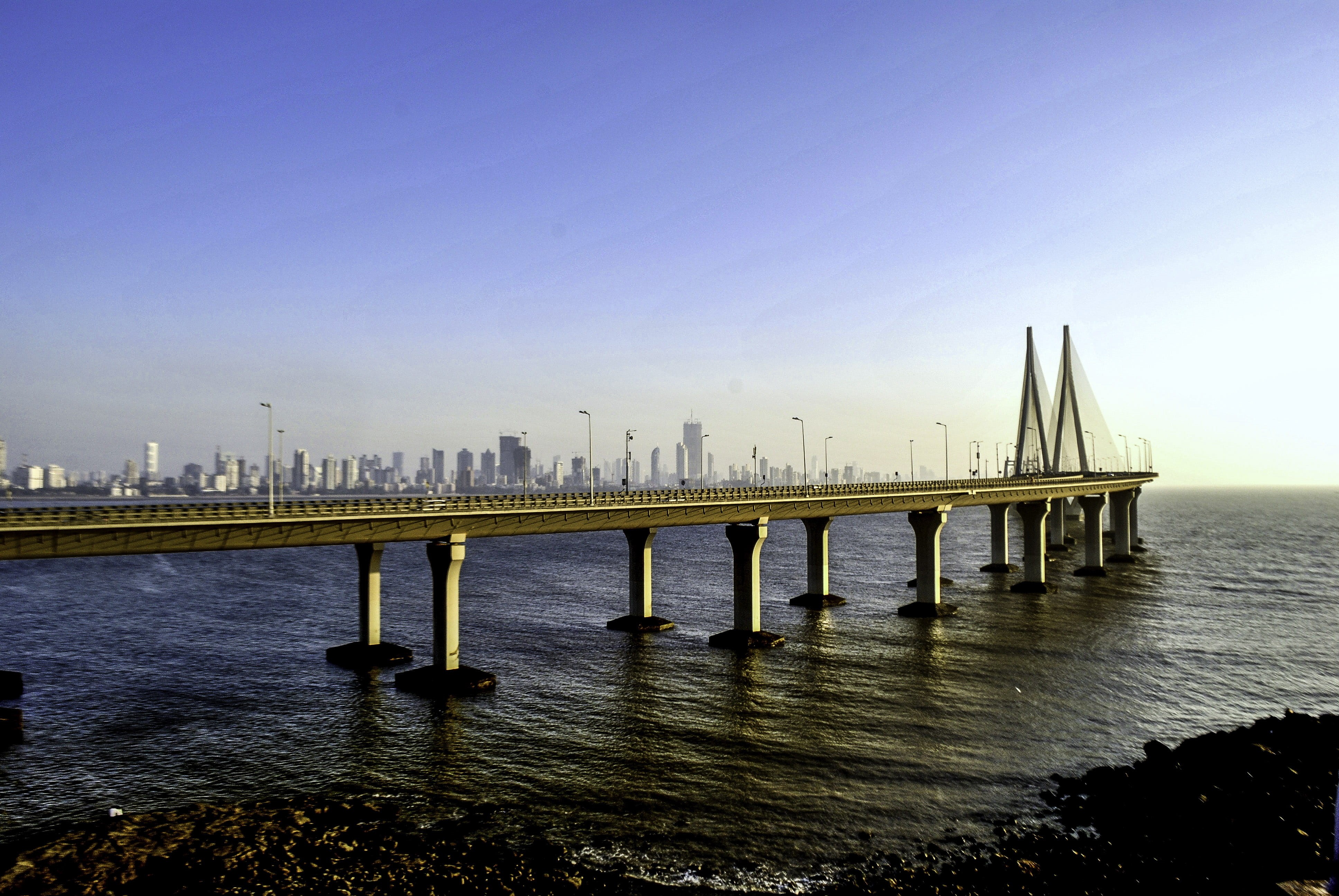 travel, connection, link, waterfront, bridge - Man Made Structure, docks, architecture, dusk, building exterior, Rajiv gandhi, public domain, ocean, sunset, HD Wallpaper