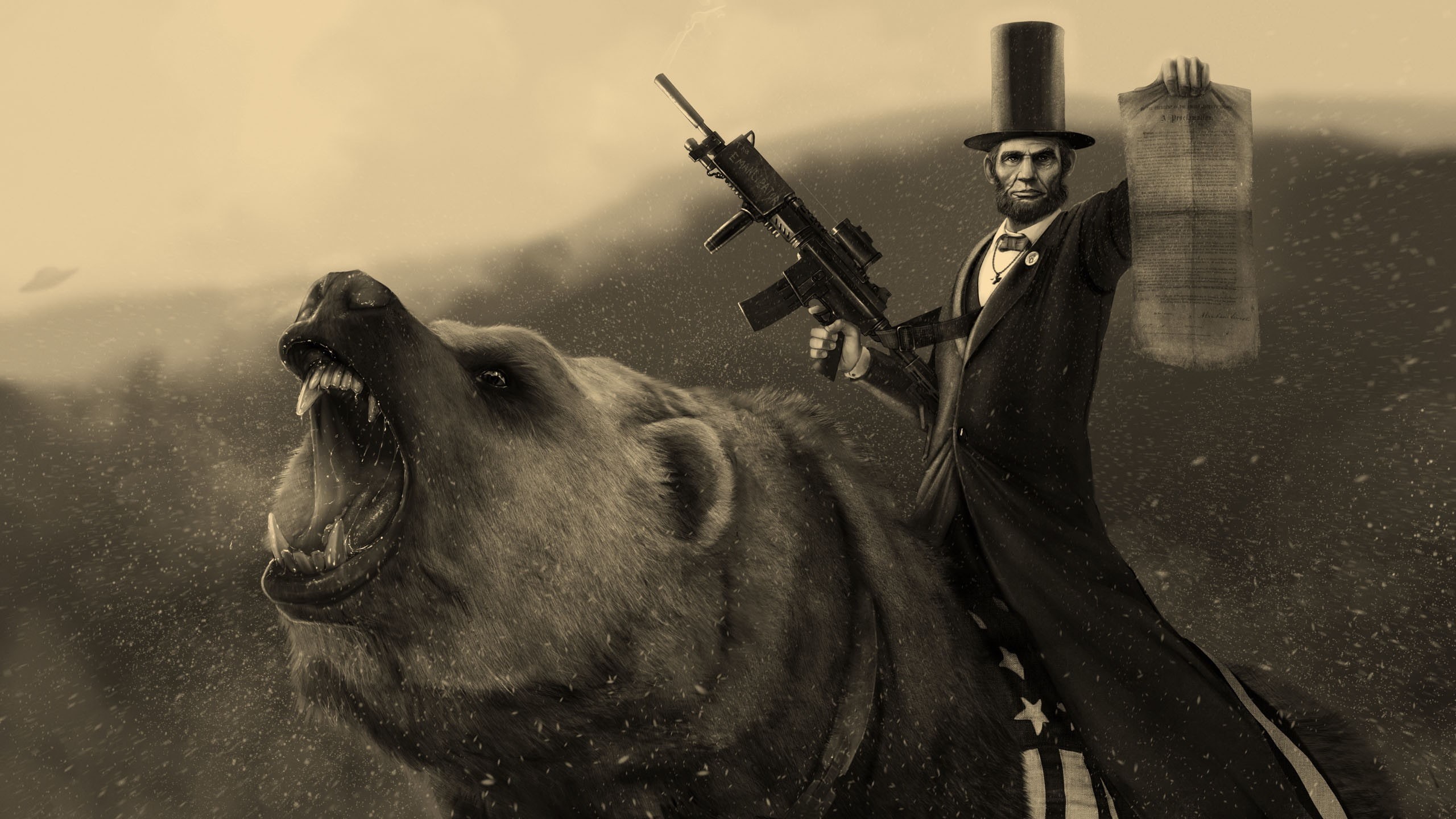 horse, outdoors, pets, domestic, day, humor, livestock, digital art, Abraham Lincoln, mouth open, machine gun, animal themes, 2K, snowing, domestic animals, HD Wallpaper