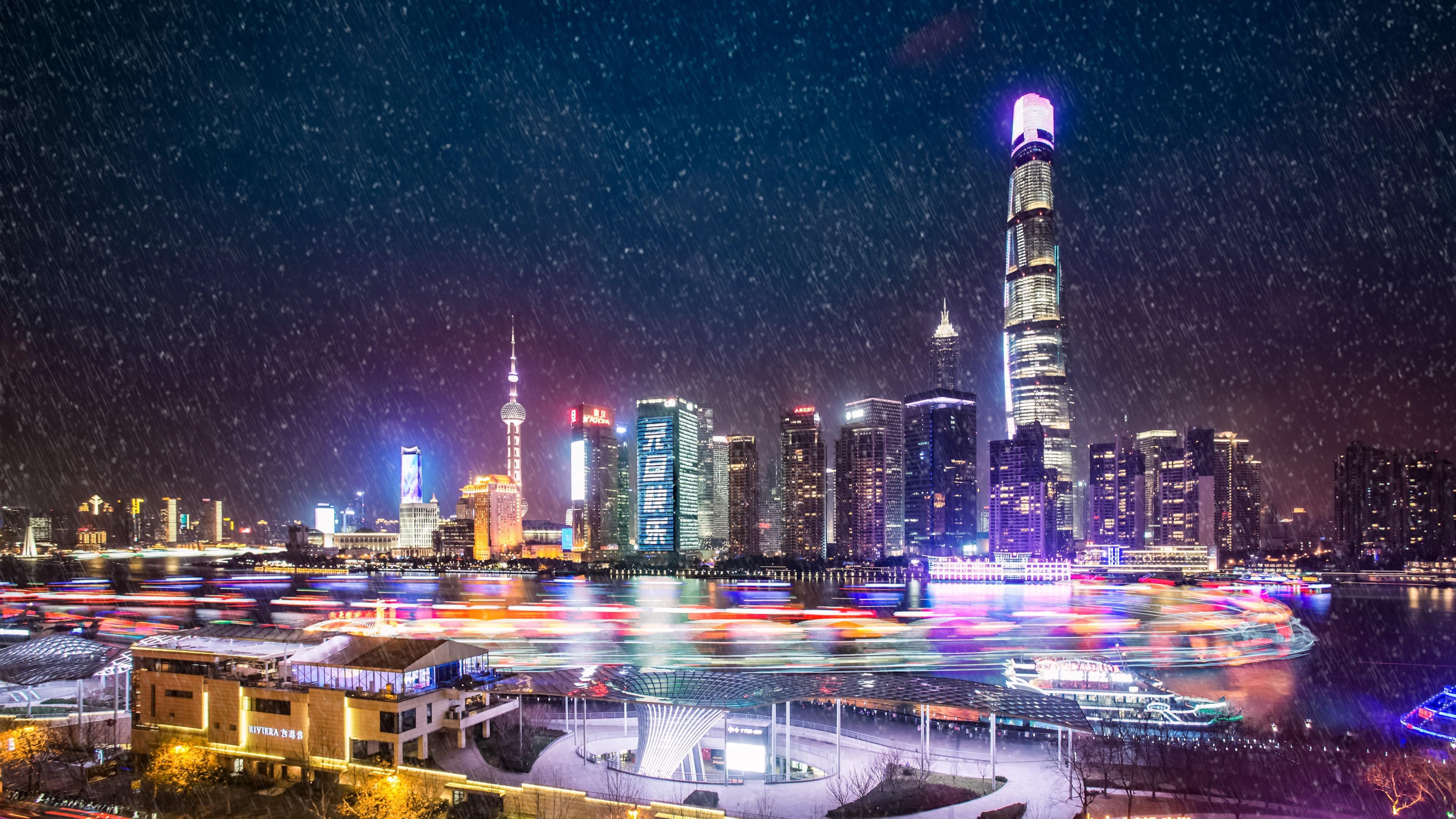 cityscape, 4K, architecture, tower, financial district, motion, winter, office building exterior, metropolis, darkness, illuminated, skyline, light trails, HD Wallpaper