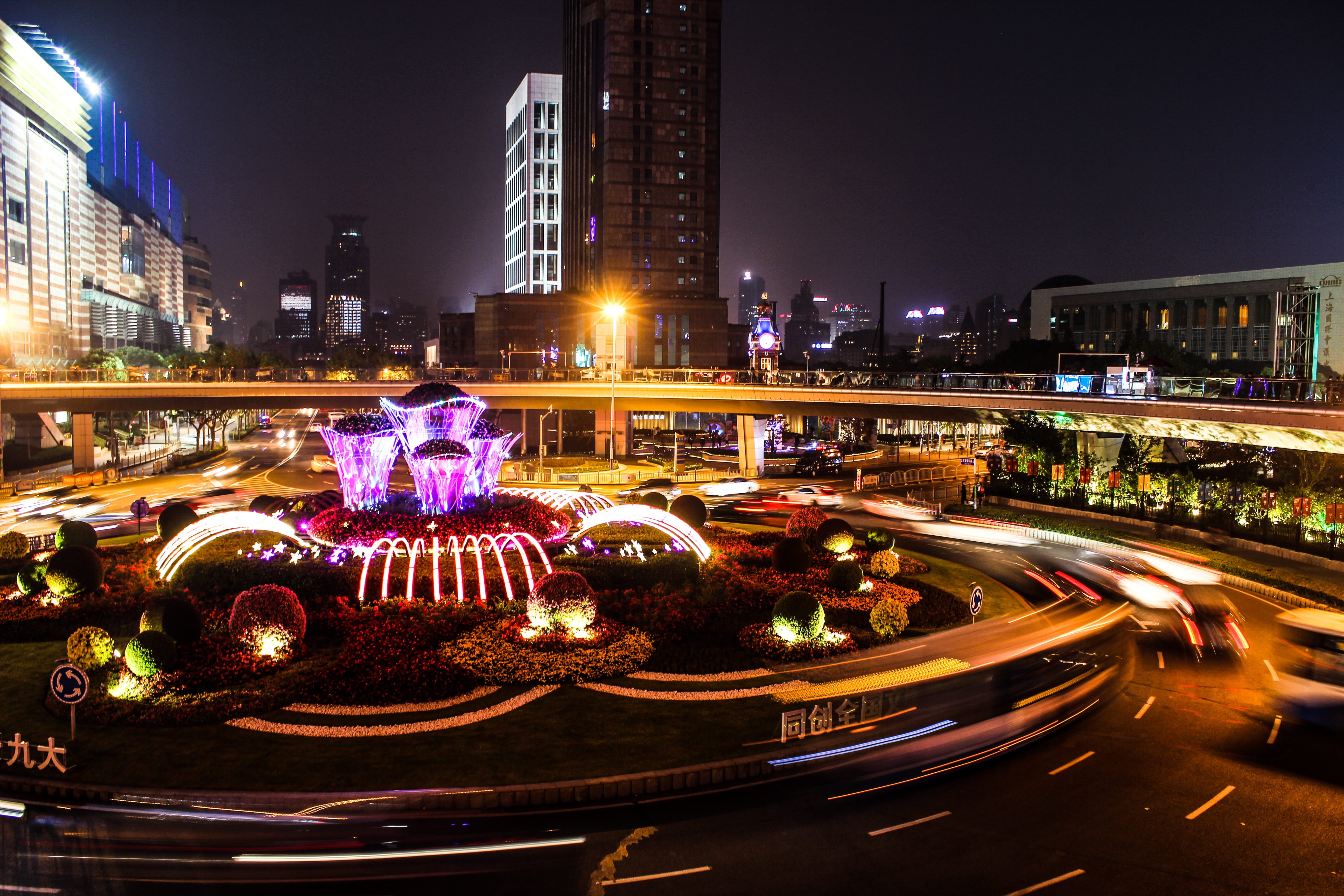 long exposure, motion, city lights, shanghai, skyscraper, building exterior, big city, 5K, street, city life, architecture, illuminated, round about, night, HD Wallpaper