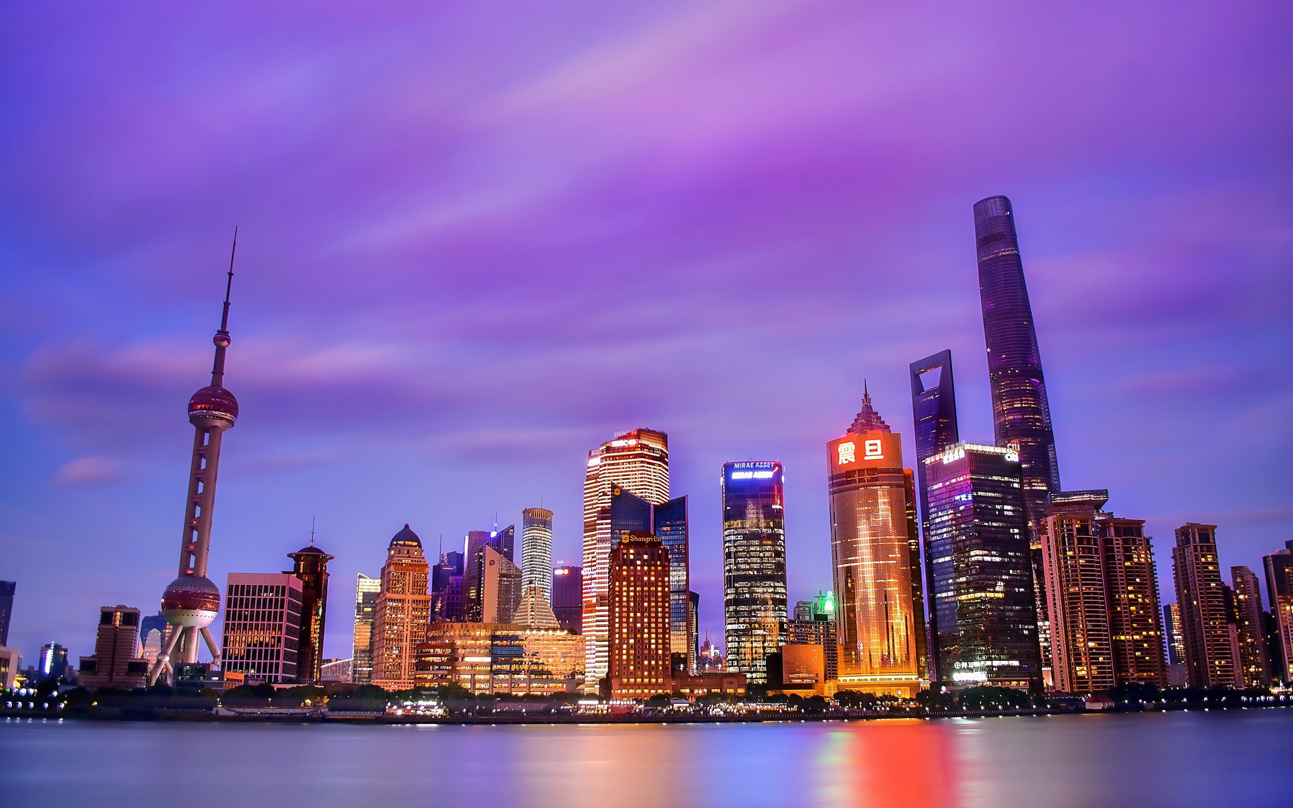 architecture, illuminated, cityscape, 2K, hd, city, financial district, lujiazui, sky, tall - high, purple, building exterior, wallpape, water, spire, HD Wallpaper