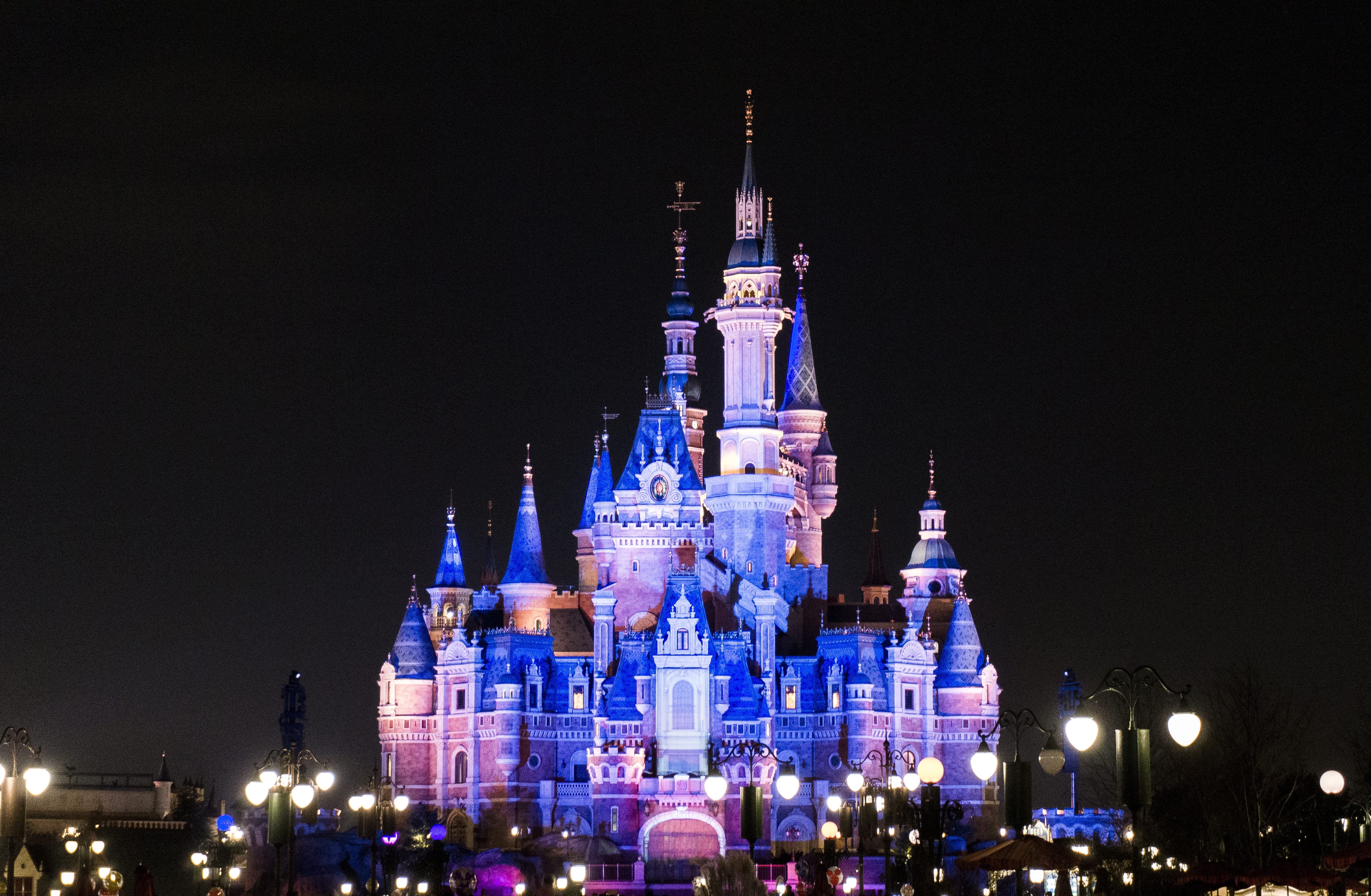 travel destinations, clock, history, city, tower, built structure, disney, the past, nature, china, illuminated, 5K, shanghai disneyland, architecture, HD Wallpaper