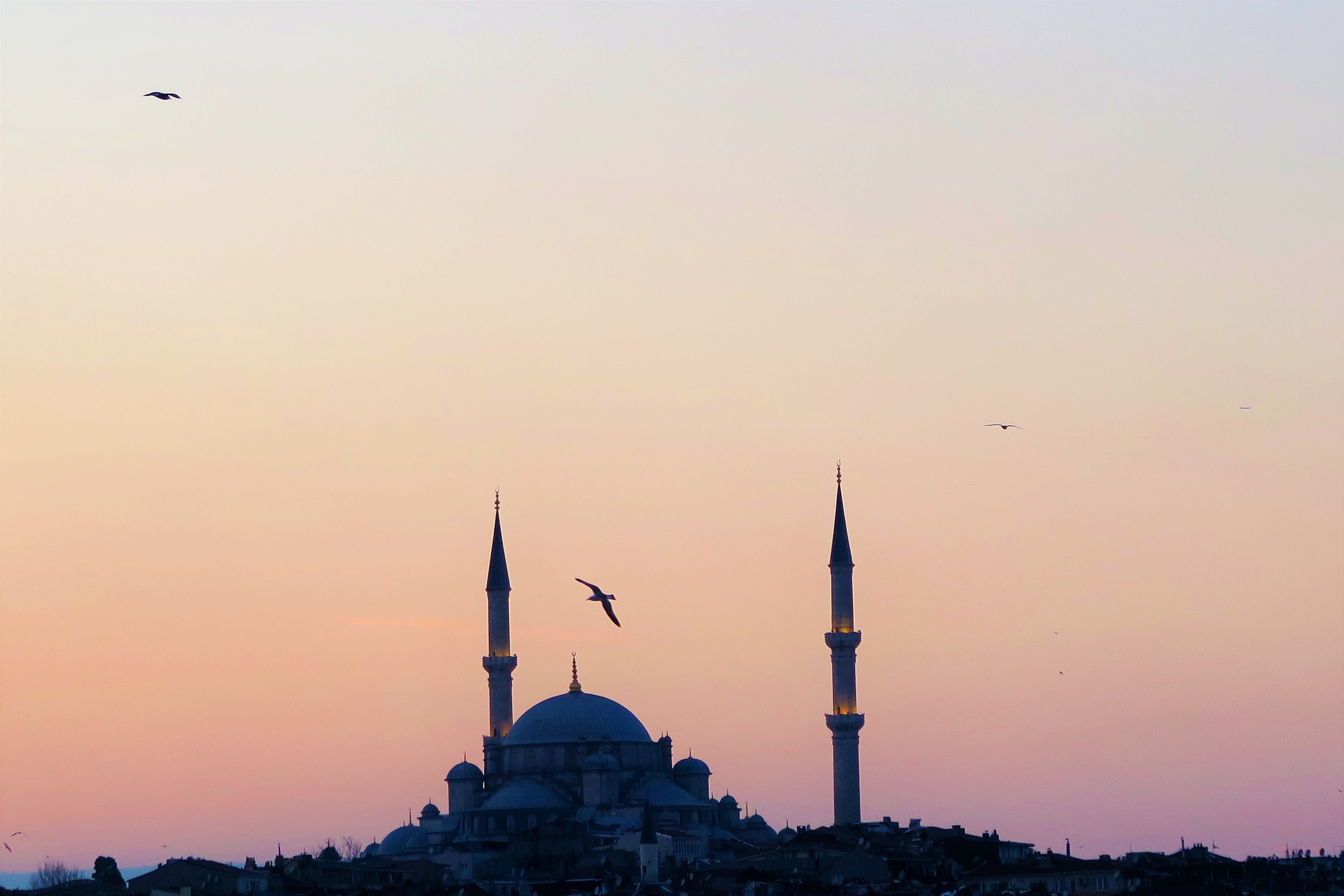 spirituality, nature, beautiful, landscape, sky, religion, orange color, spire, minaret, built structure, istanbul, solar, islam, sunset, silhouette, architecture, HD Wallpaper