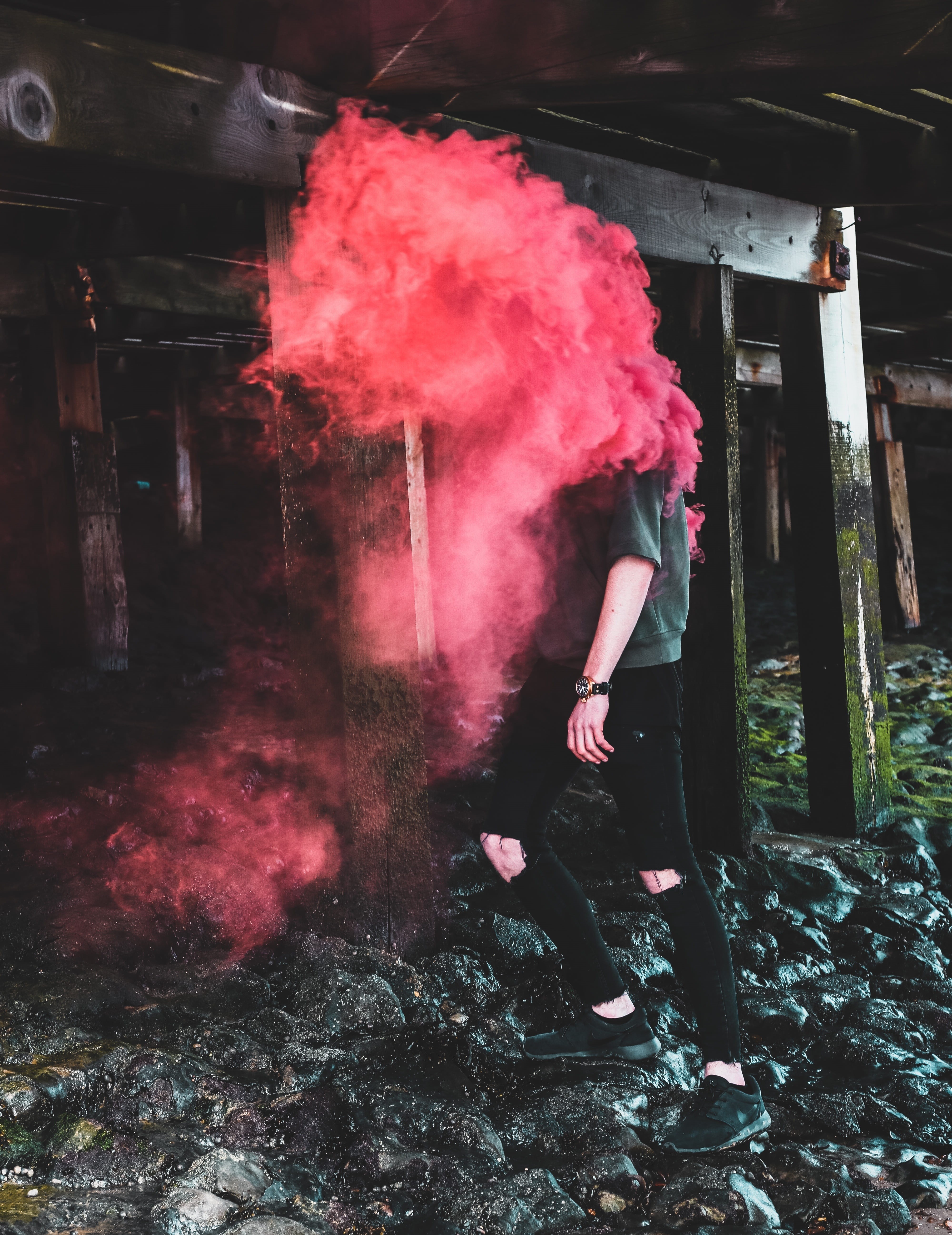 cover, nature, one person, guy, outdoor, people, casual clothing, 5K, smoke - physical structure, pink color, motion, man, women, real people, full length, Phone HD Wallpaper