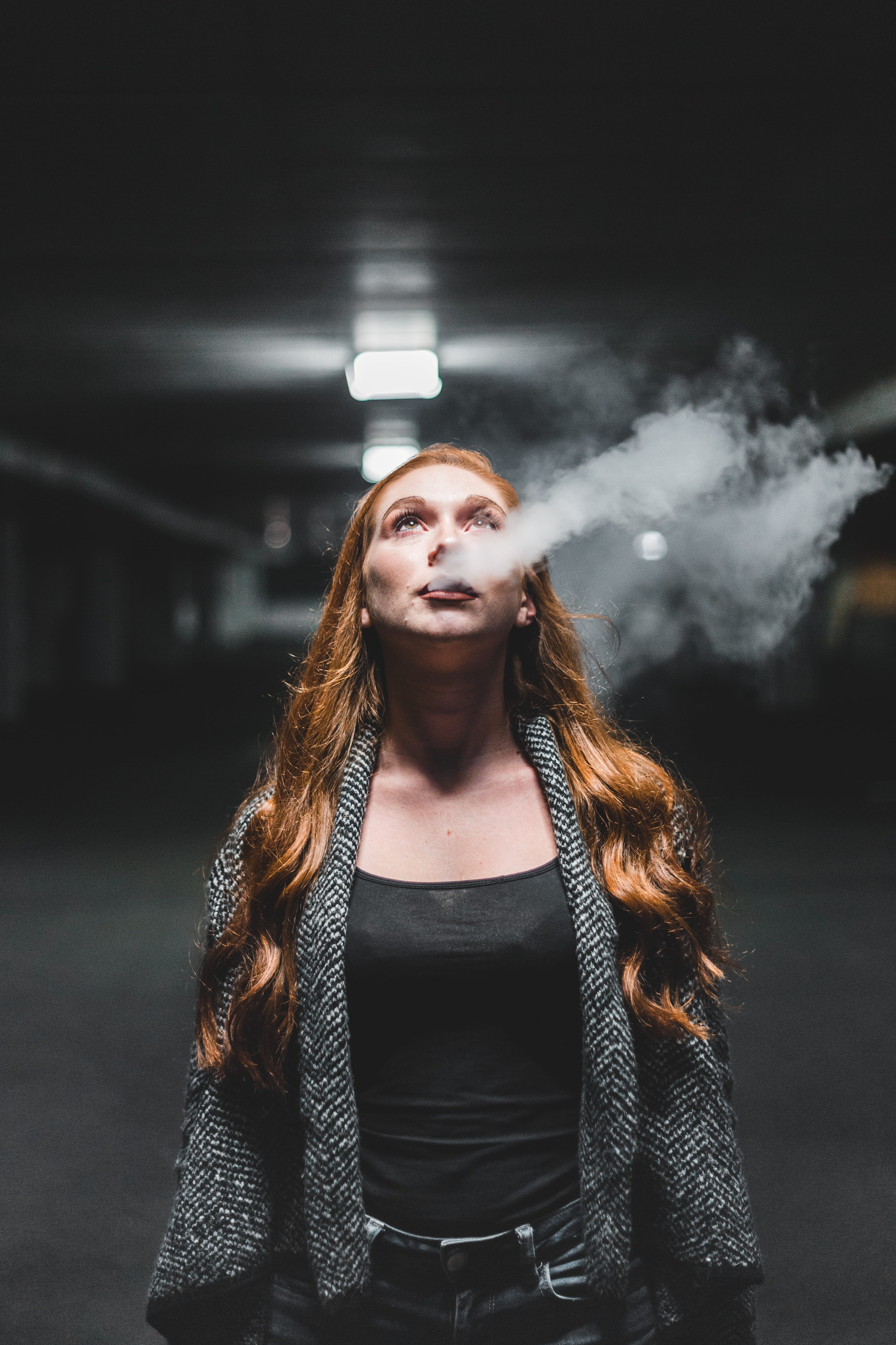 portrait, girl, night, one person, front view, women, vape, woman, sweater, adult, long hair, blowing, beauty, leather, young women, hairstyle, looking at camera, Phone HD Wallpaper
