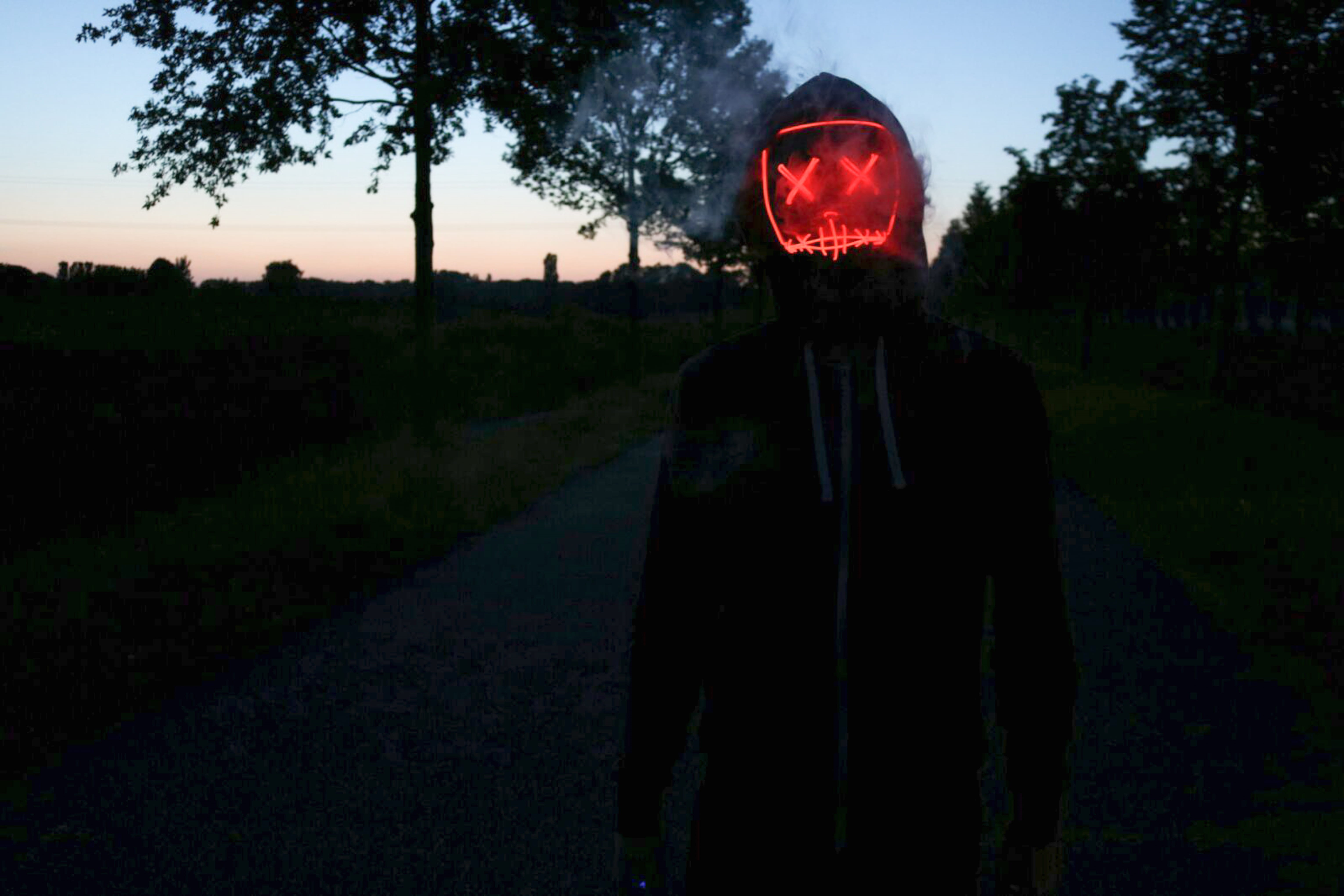 yellow, mask, landscape, standing, dark, obscured face, one person, red, outdoors, house, angry, smoke, 5K, skull, head, distance, environment, travel, HD Wallpaper