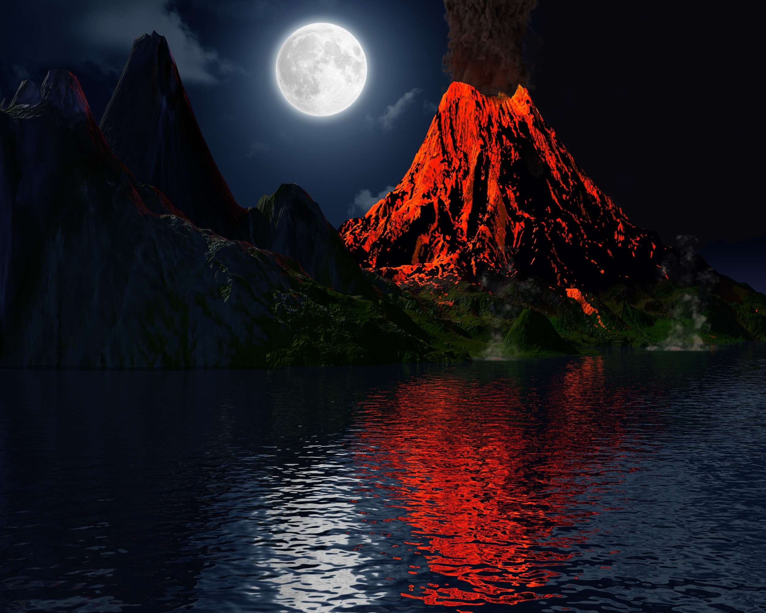 no people, mountain, lava, non-urban scene, moon, water, mountain peak, outdoor, full moon, lunar, danger, tranquil scene, smok, idyllic, eruption, lake, HD Wallpaper