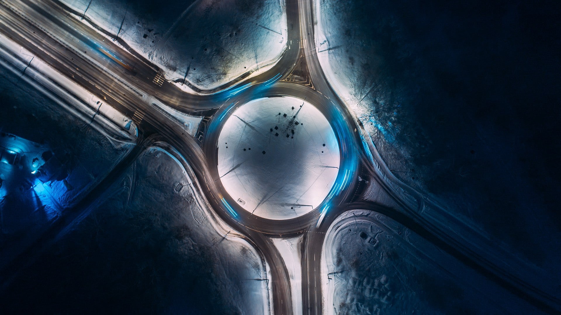 night, birds eye view, light trails, dark, trees, snow, long exposure, roundabouts, road, 1080P, winter, blue light, drone photo, HD Wallpaper