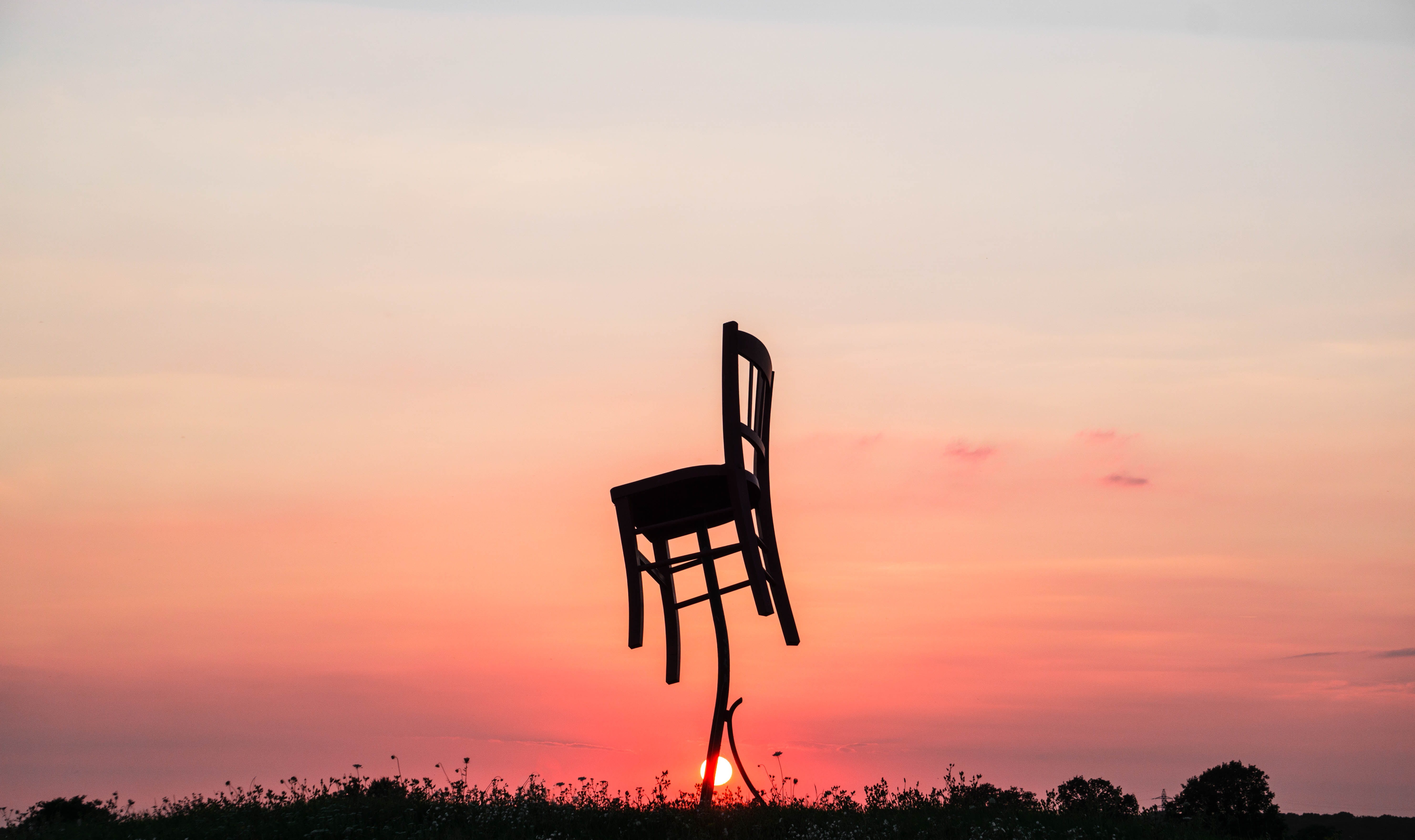 chair, sunset, low angle view, idyllic, tranquil scene, france, scenics - nature, guidance, sky, outdoors, roundabout, 5K, nature, orange color, dramatic sky, HD Wallpaper