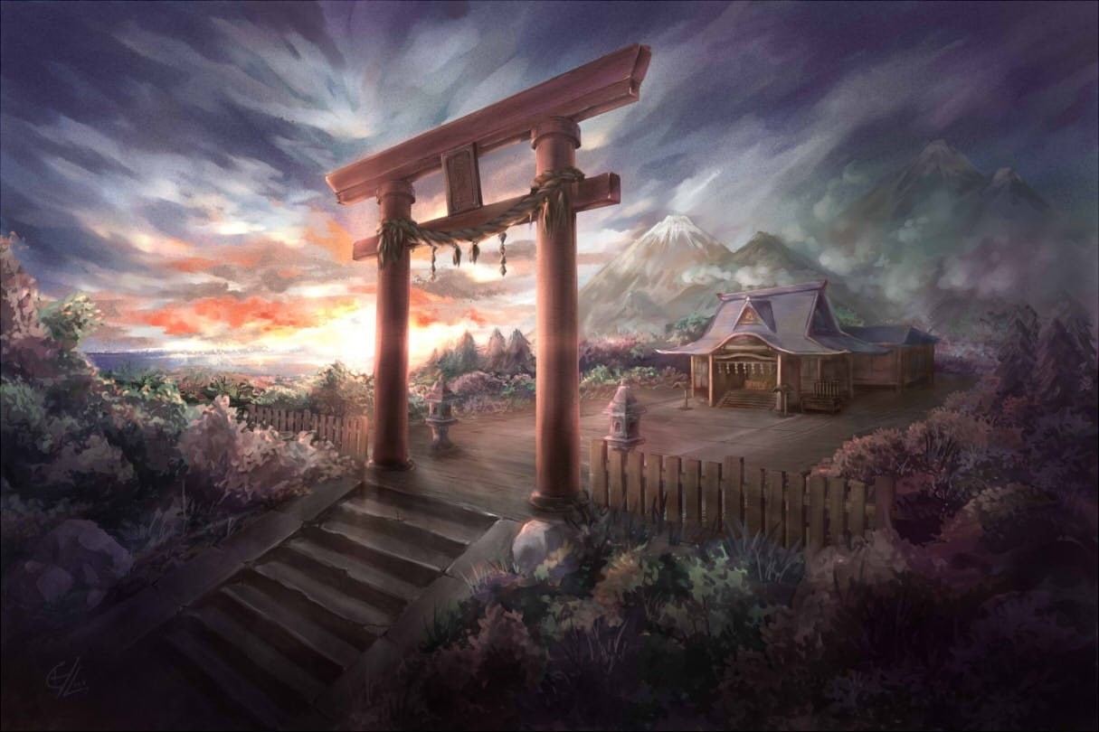shrine, landscapes, nature, scenic, torii, art, gensoky, shinto, trees, mountains, 480P, gate, hd, stairways, shimenawa, Clouds, touhou, HD Wallpaper