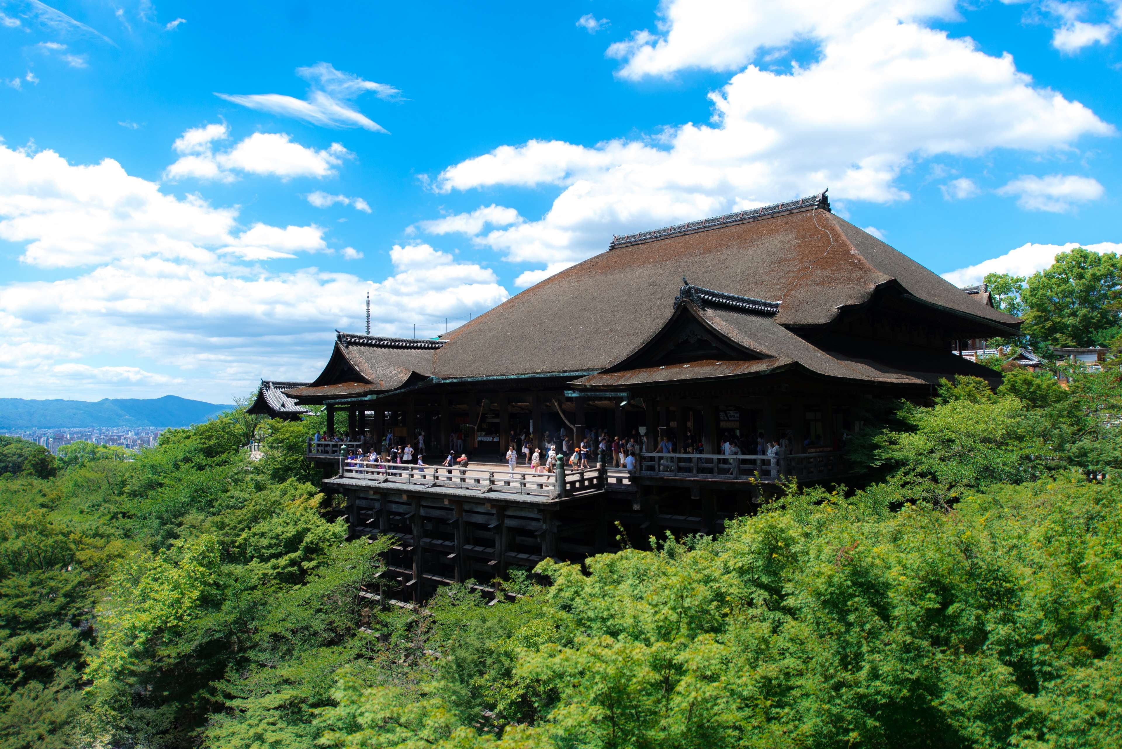 religion, japan, heritage, sky, architecture, building exterior, ancient, spirituality, plant, culture, tourism, kiyomizu, landmark, green color, site, HD Wallpaper