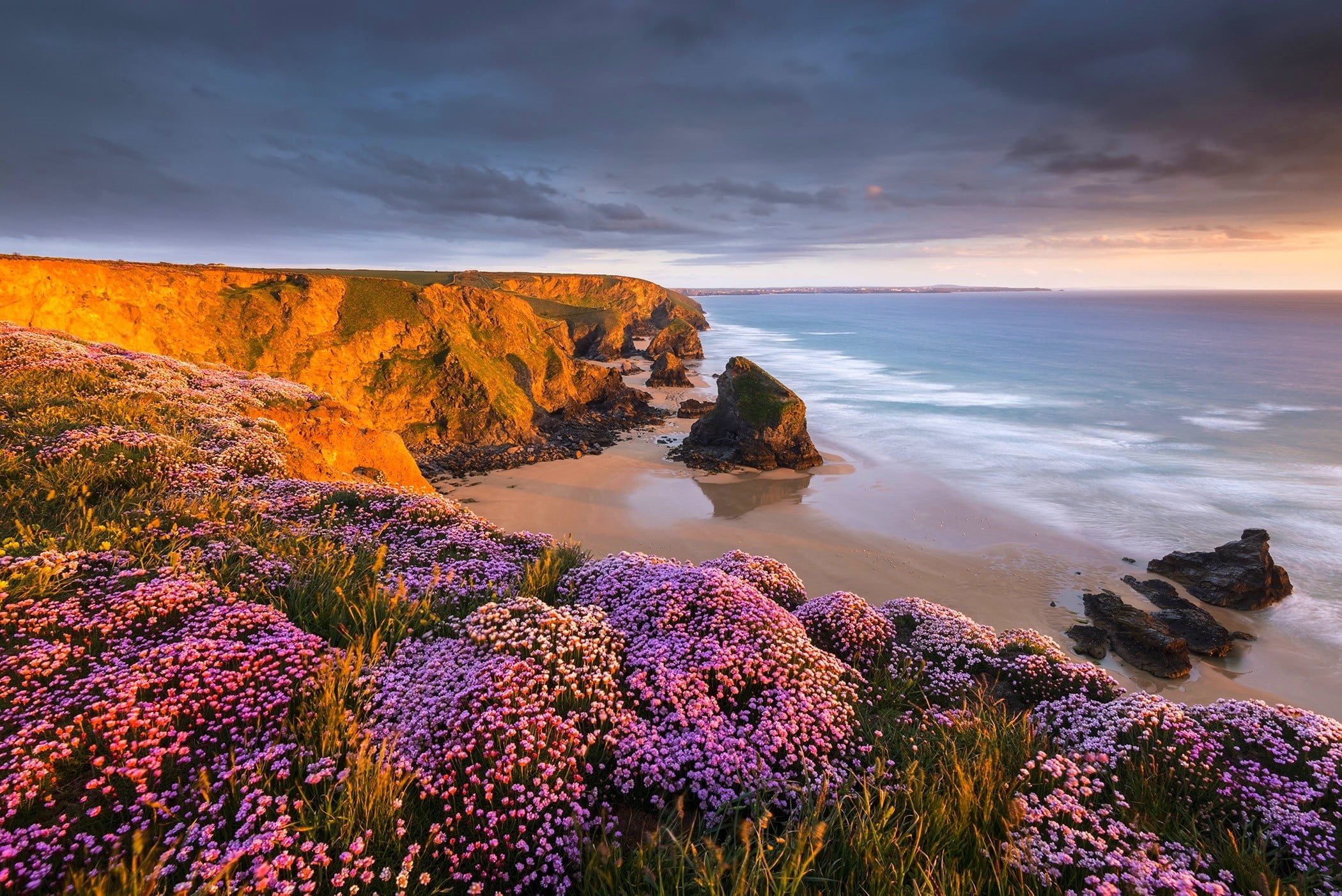 cloud - sky, clouds, tranquil scene, no people, scenics - nature, coast, idyllic, solid, 1080P, water, tranquility, sky, purple, nature, land, flowers, HD Wallpaper