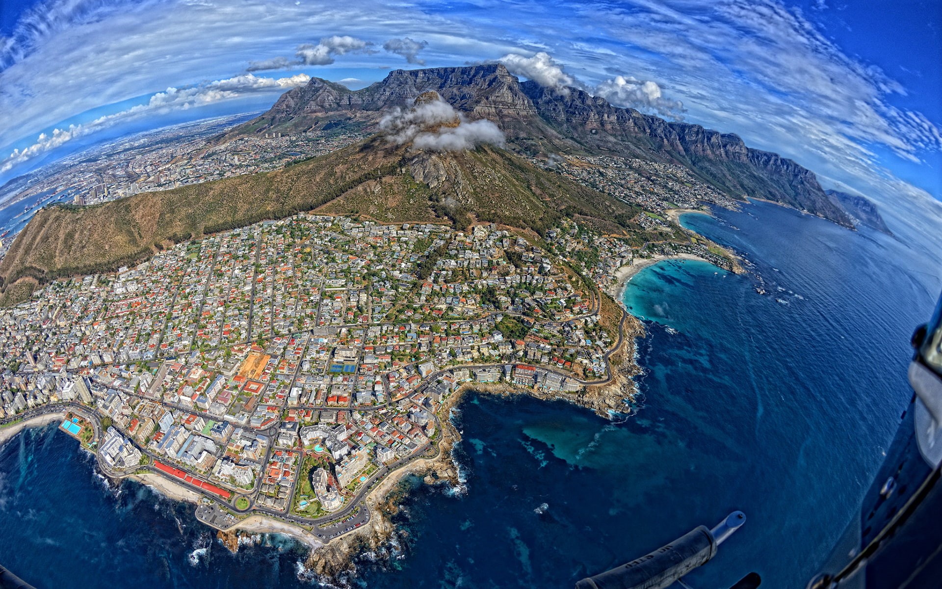 coast, buildings, time, city, south, africa, town, fisheye, aerial, photography, day, 1080P, hd, nature, mountains, cape, HD Wallpaper