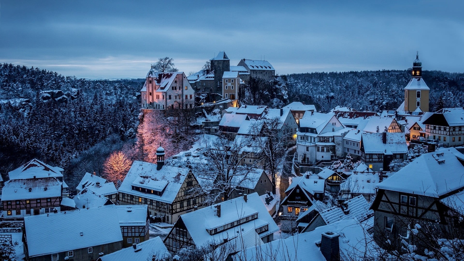 outdoors, tower, building, dusk, cityscape, tree, town, cultures, season, cold temperature, landscape, ice, european Alps, house, winter, cold - Temperature, HD Wallpaper