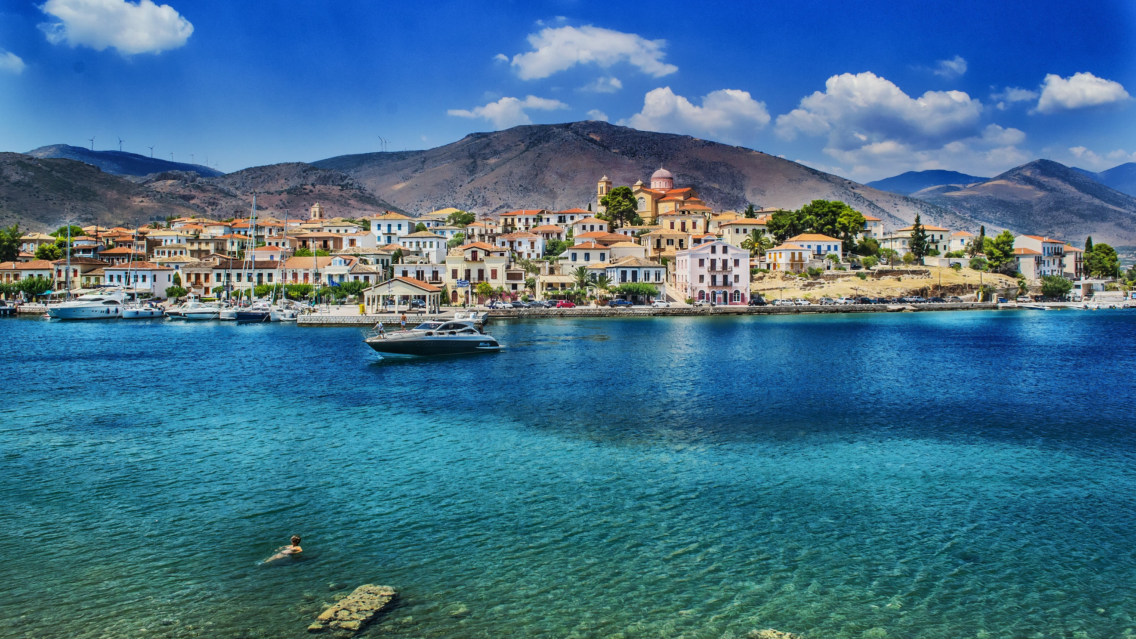 architecture, blue sea, waterfront, building, galaxidi, nautical vessel, cloud - sky, corinthian gulf, built structure, mountain range, 4K, sky, city, HD Wallpaper