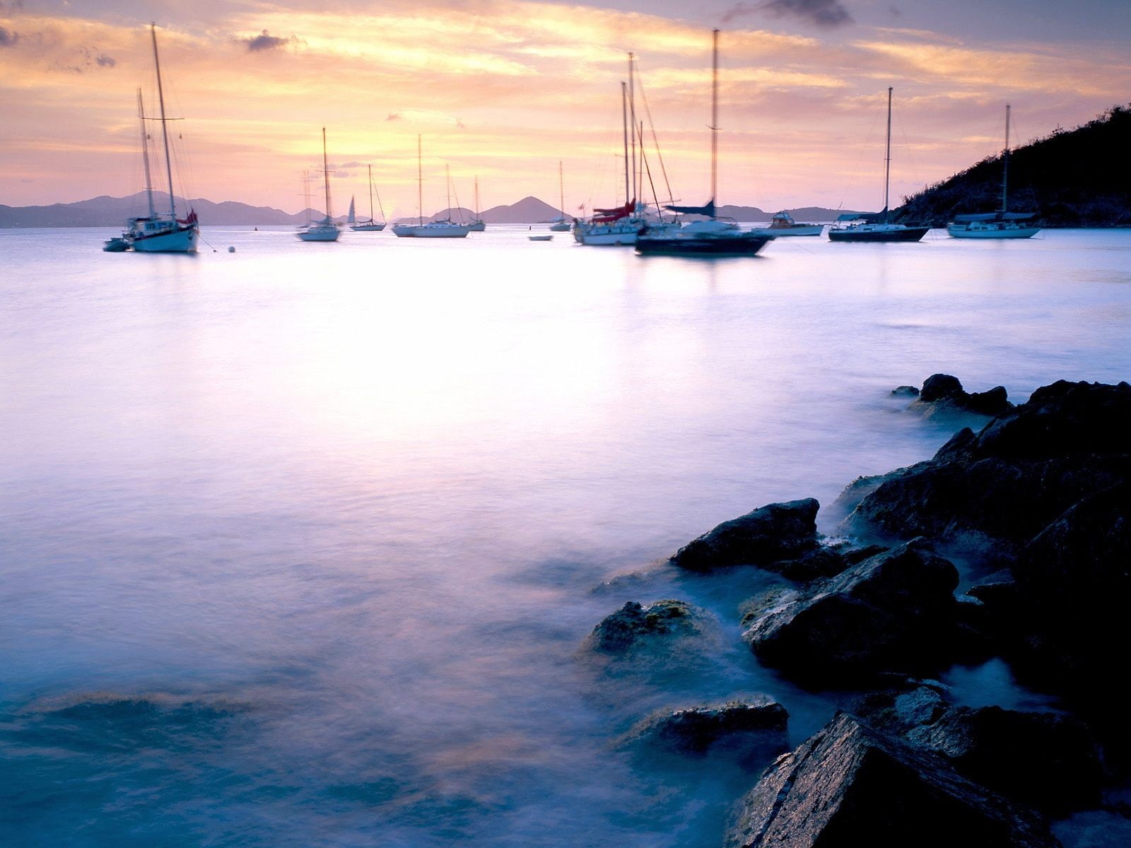 beauty in nature, sky, landscape, tranquility, nature, boat, yacht, 720P, nautical vessel, cloud - sky, rocks, sunset, scenics - nature, coast, bay, transportation, HD Wallpaper