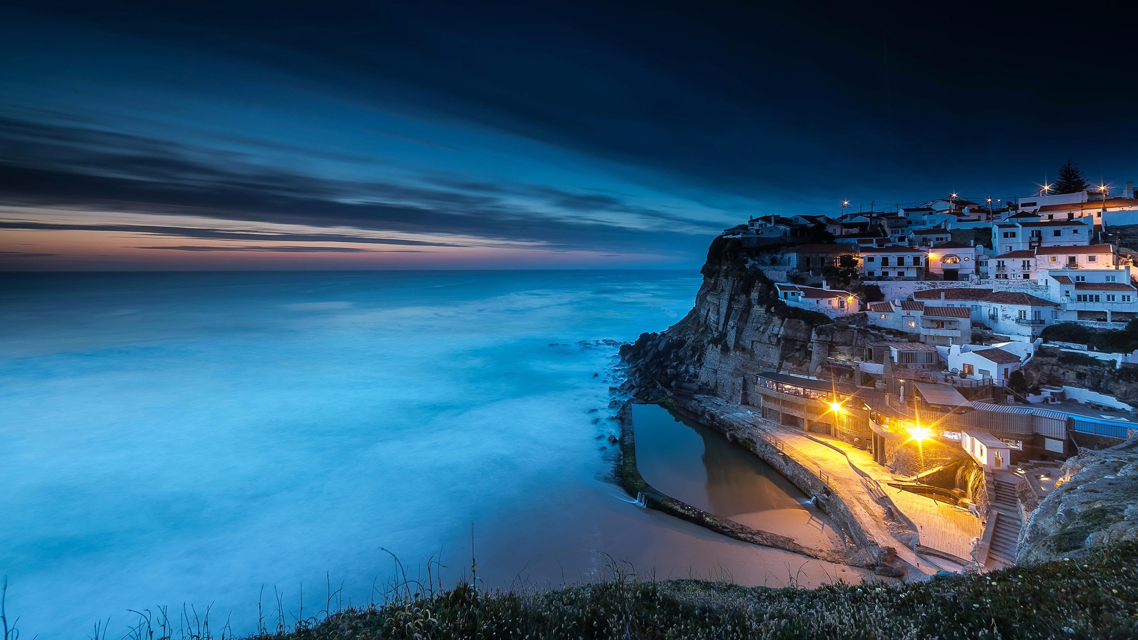 architecture, morning, long exposure, city, land, horizon, building, coast, colares, sea, village, azenhas do mar, water, portugal, illuminated, dusk, scenics - nature, HD Wallpaper