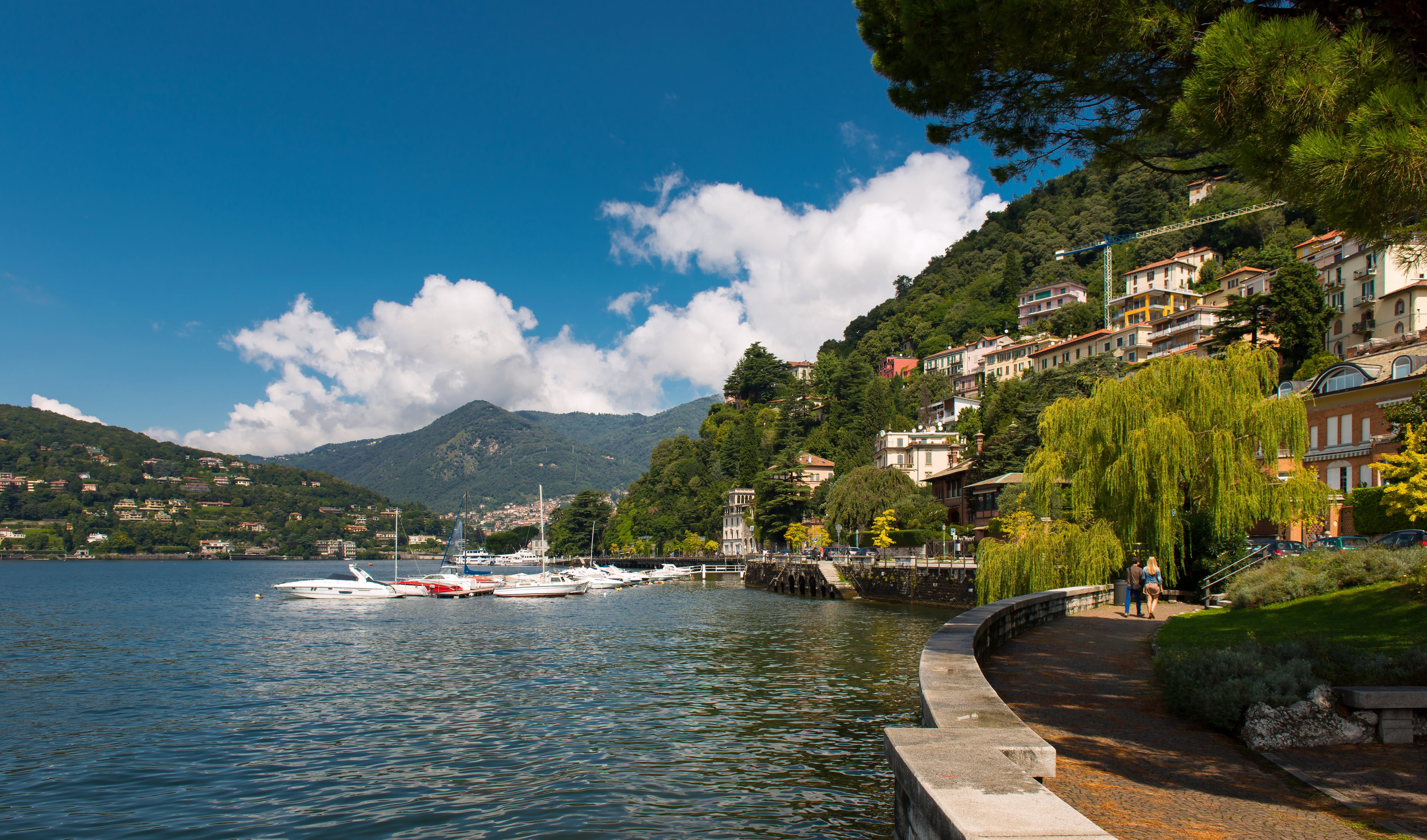 tree, water, town, house, cloud - sky, european Alps, promenade, white, building exterior, yacht, waterfront, vacations, transportation, green Color, nature, HD Wallpaper