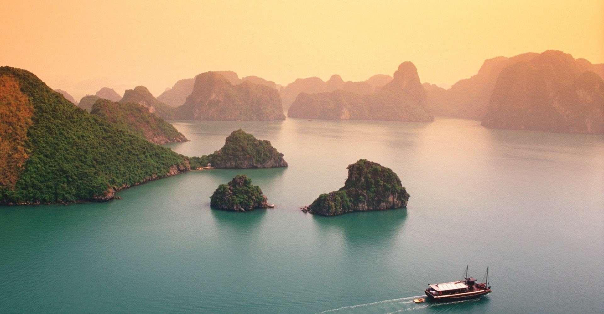 rock, limestone, nature, boat, tropical, island, cliff, Vietnam, water, 1080P, beach, sea, mist, landscape, Halong Bay, HD Wallpaper