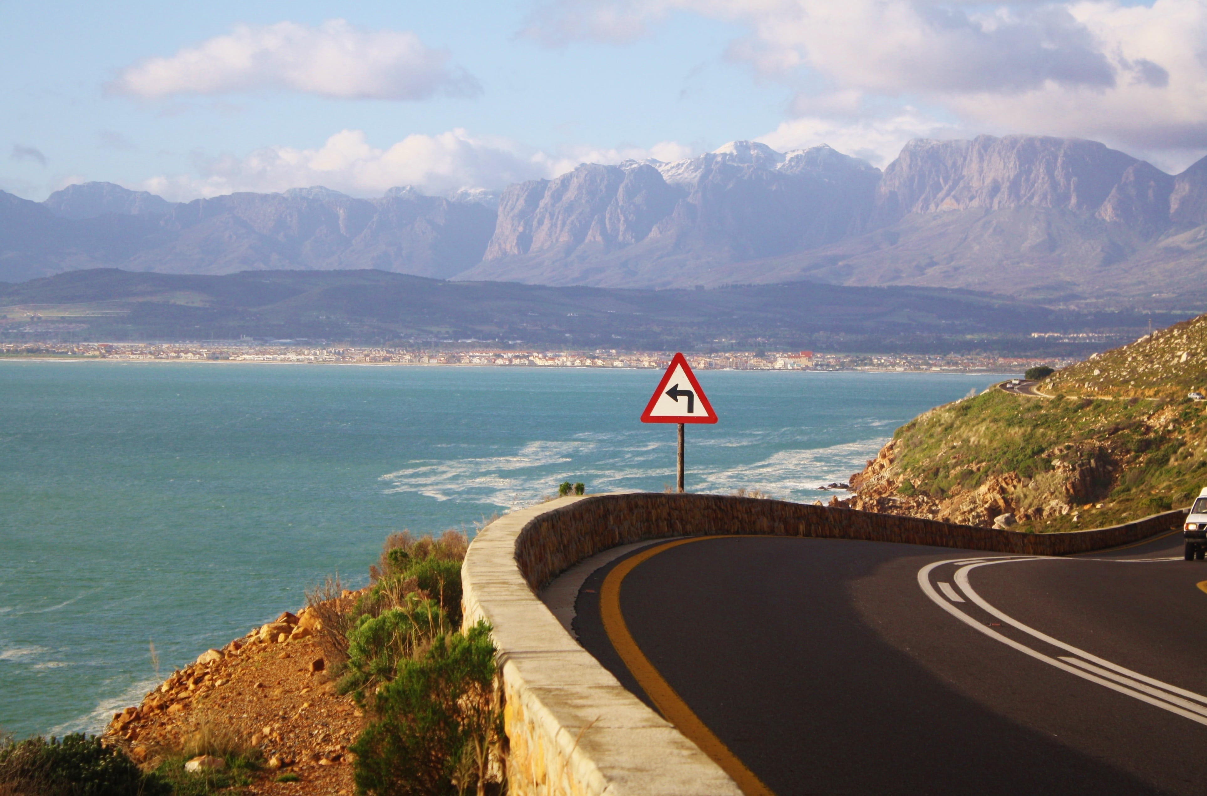 south africa, no people, cape town, day, flag, outdoors, road, mountain range, rocky coast, mountain, turn, communication, landscape, sky, ocean, beauty in nature, HD Wallpaper