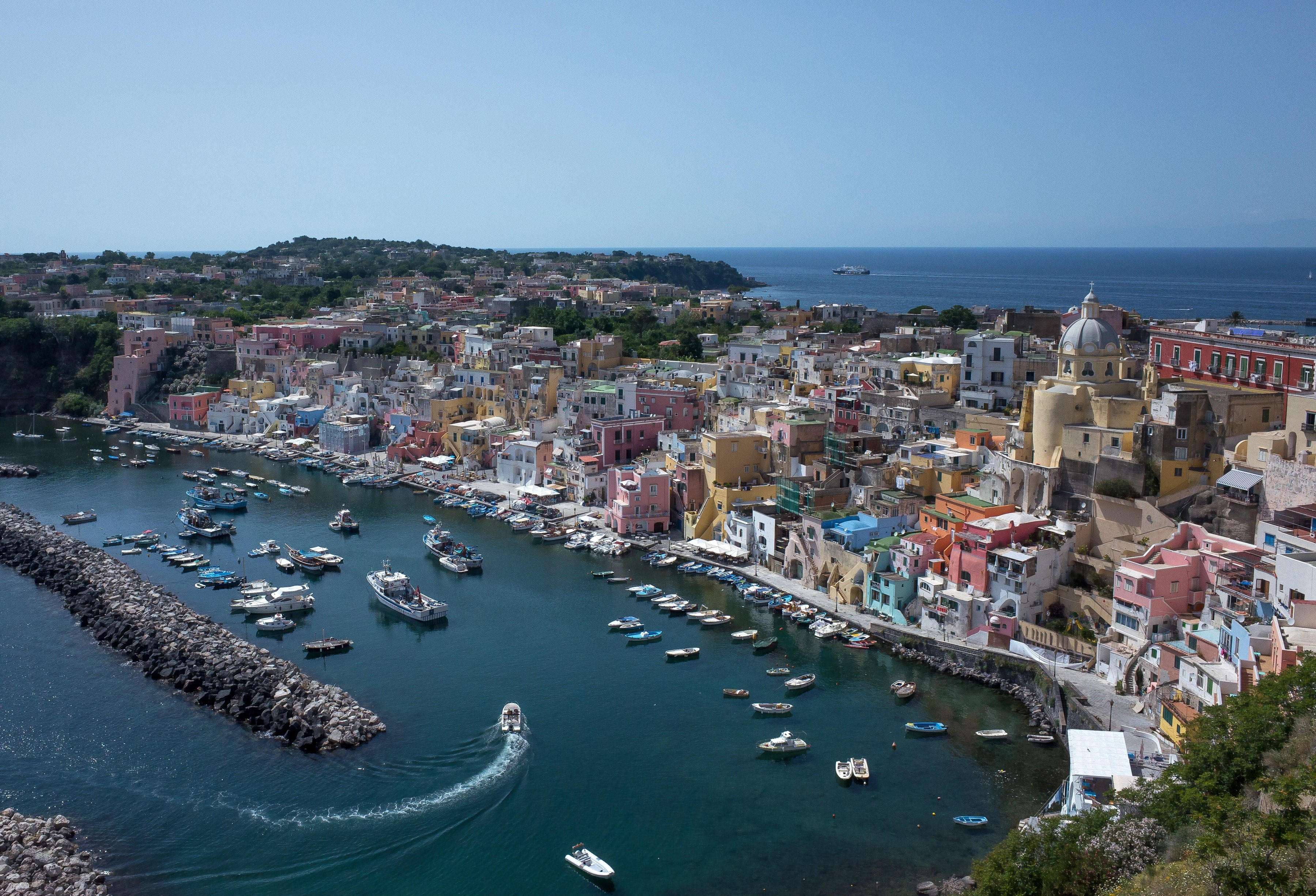 boats, 2K, Bay, Italy, Procida, Gulf of Naples, harbour, promenade, The Bay of Naples, port, building, sea, coast, Campaign, Campania, HD Wallpaper