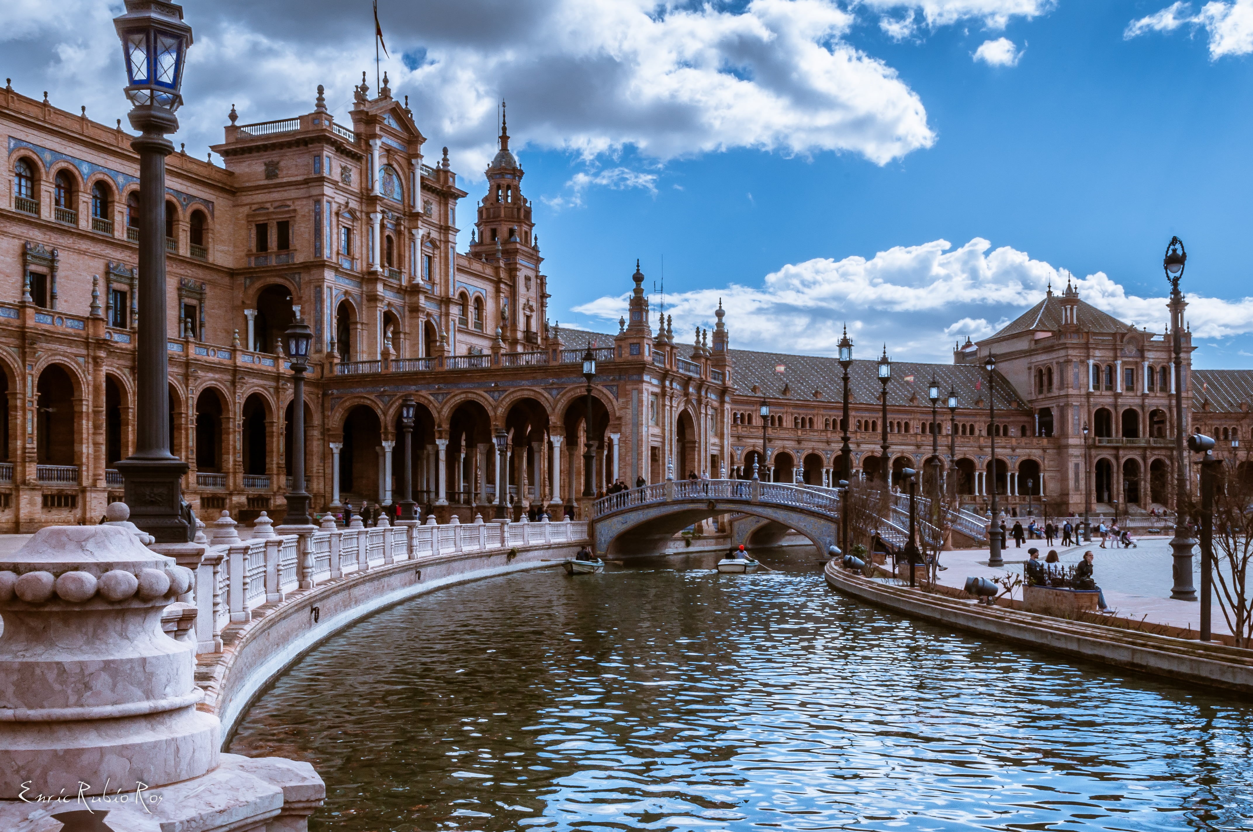 4K, bridge, italy, white, history, SEVILLA, next, famous Place, europe, water, white bridge, tourism, building, Plaza de España, PLAZA ESPAÑA, river, architecture, HD Wallpaper