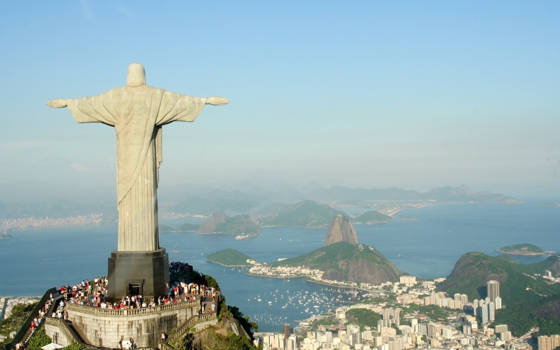 religion, no people, building exterior, 1080P, Rio de janeiro, belief, sea, cross, day, scenics - nature, mountain, built structure, water, Statue, mountain range, HD Wallpaper