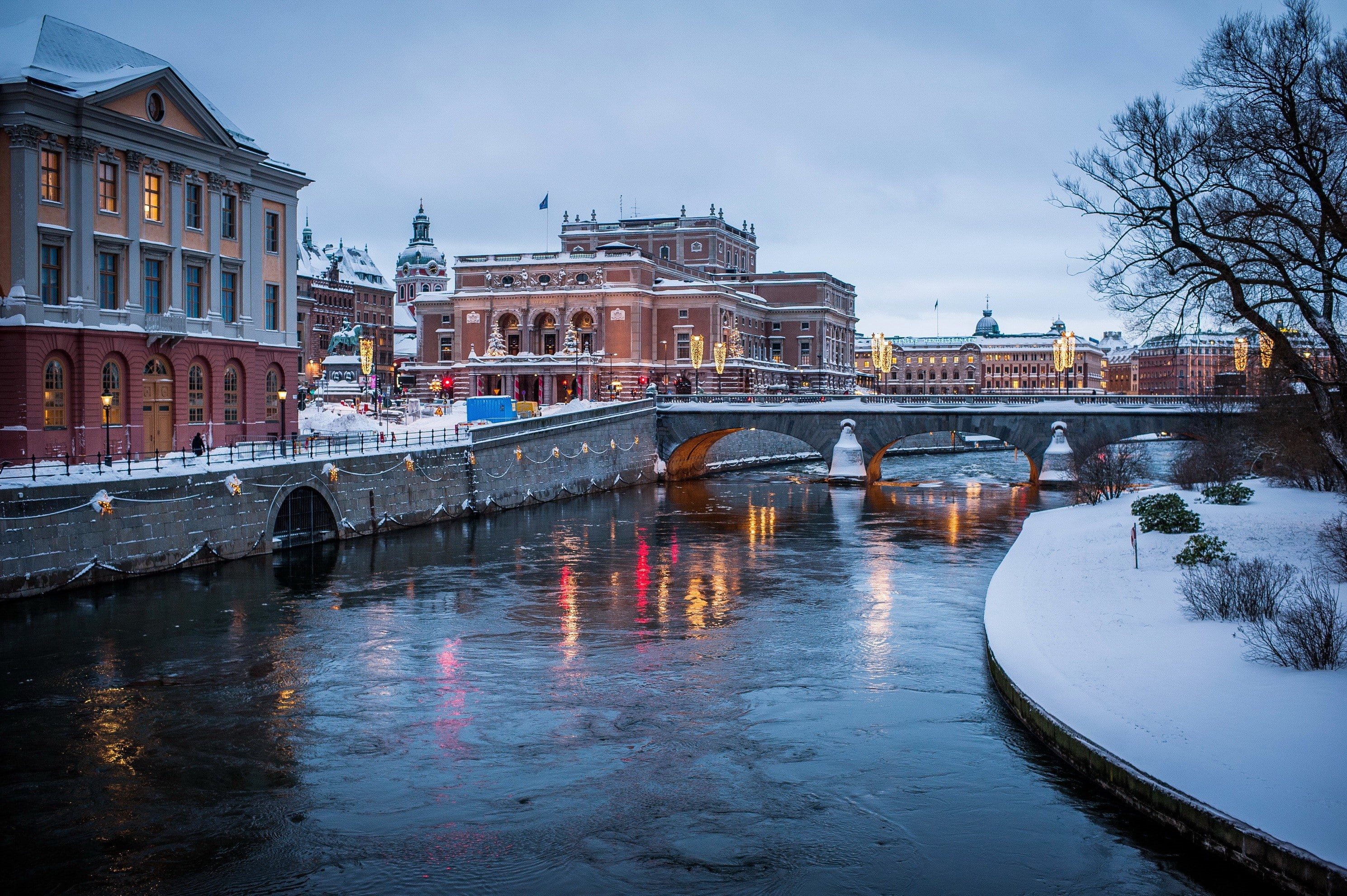 water channel, river, Stockholm, Sweden, 2K, photo, city, bridge, winter, HD Wallpaper