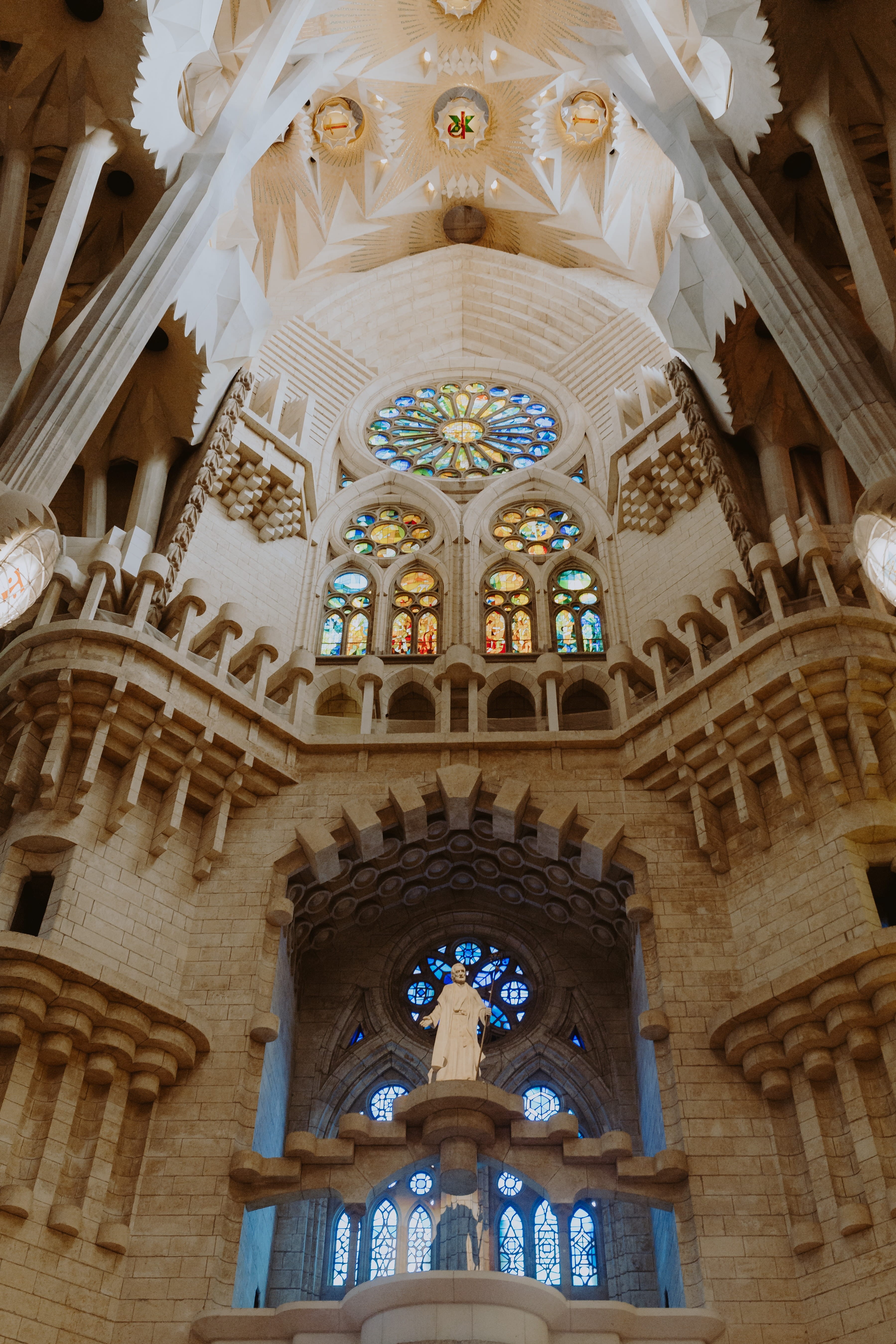 ornate, church, place of worship, Sagrada Familia, stained glass, architecture and art, ceiling, mural, spirituality, travel destinations, familia, 5K, Phone HD Wallpaper