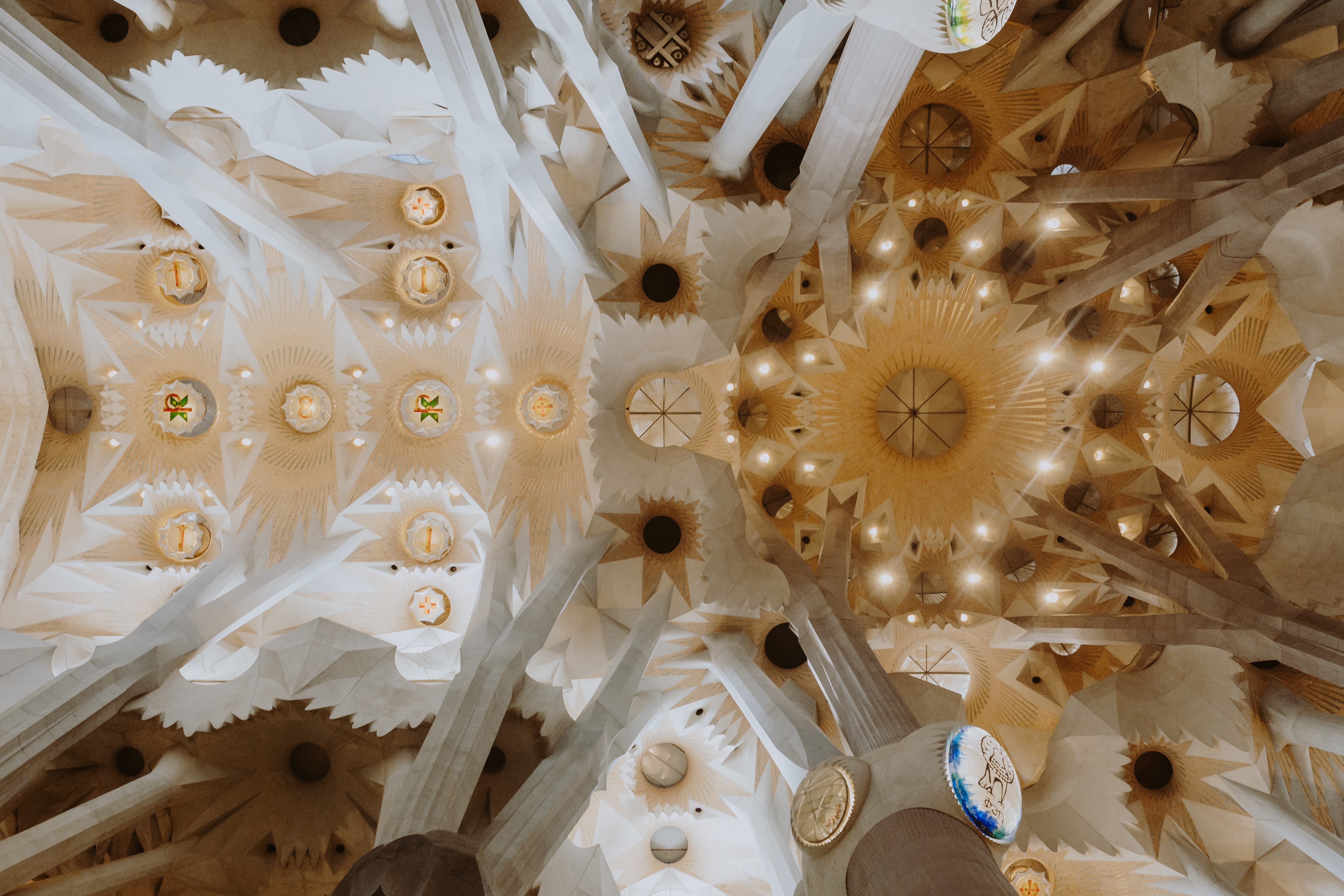 Europe, catholic, designed, church, familia, spanish, Gaudi, spain, creativity, Sagrada Familia, white color, architecture, pattern, 4K, decoration, lighting equipment, HD Wallpaper