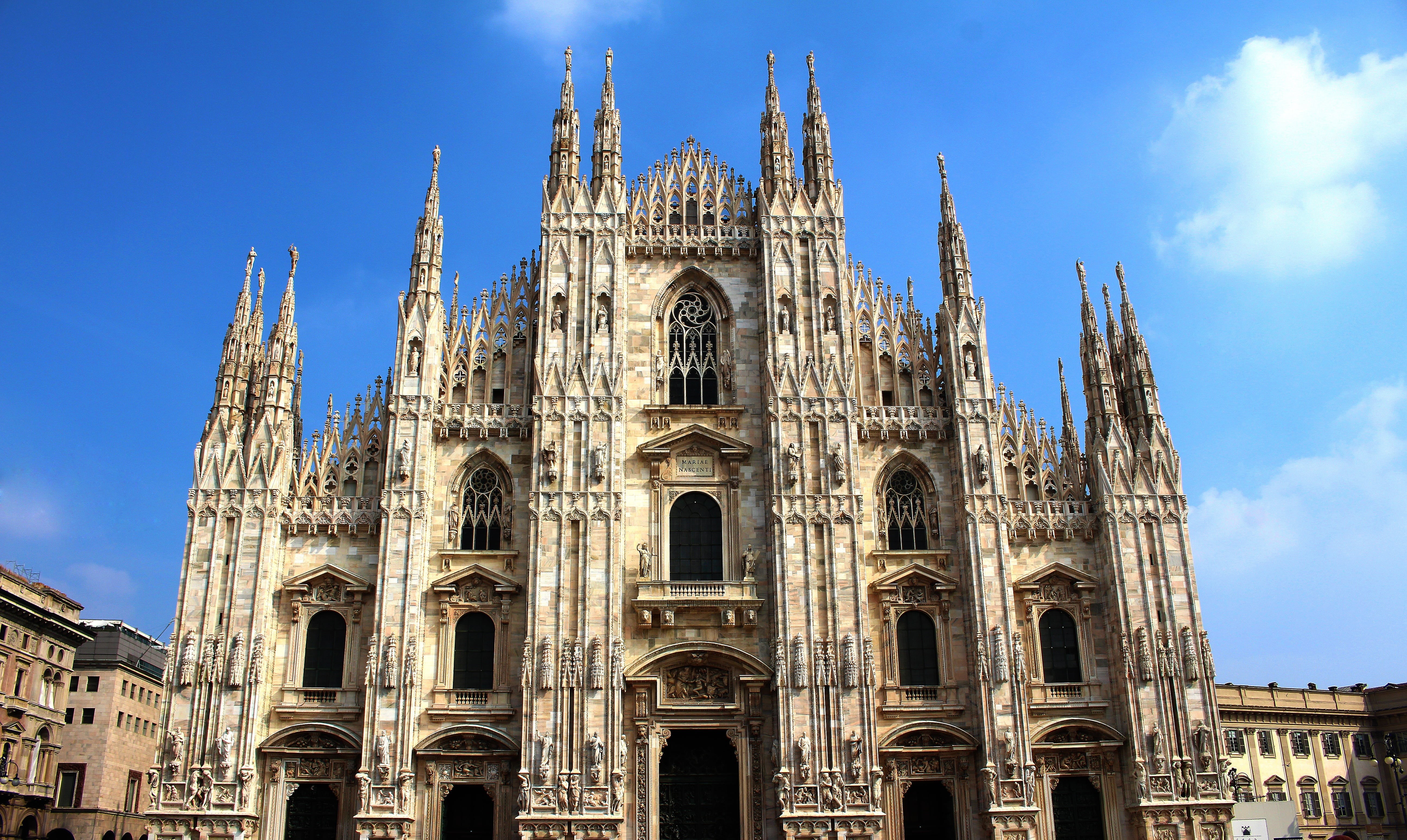 brown, belief, building exterior, built structure, ornate, church, no people, lombardia, cathedral, famous, blue, milan, travel, tourism, concrete, gothic, HD Wallpaper