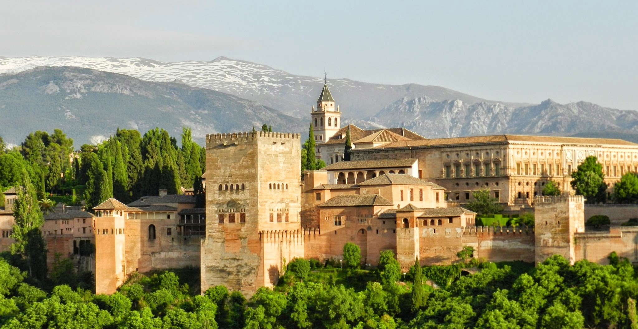 palace, mountain, trees, 1080P, plant, monumental, no people, tourism, travel destinations, monument, famous Place, tree, unesco, concrete, alhambra, spire, HD Wallpaper