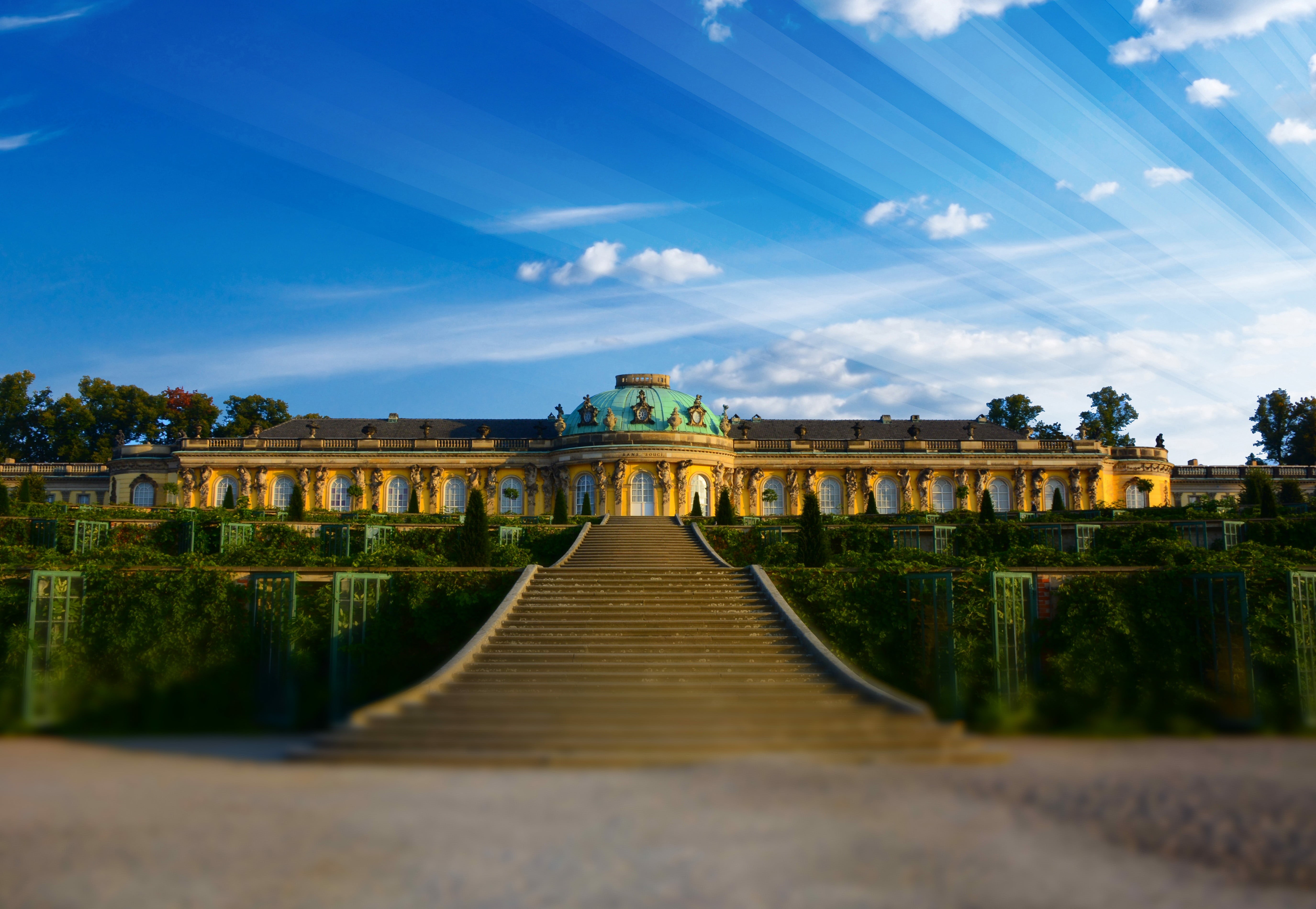 closed sanssouci, imposing, castle, travel destinations, outdoors, direction, cloud - sky, photo, famous Place, plant, friedrich ii, no people, 5K, tourist attraction, HD Wallpaper
