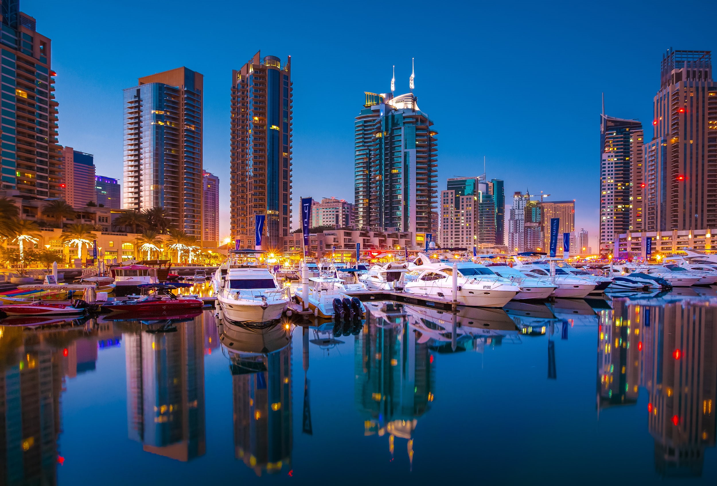 Cityscape, water, office building exterior, Dubai Marina, harbor, building exterior, nautical vessel, canal, Skyline, architecture, modern, illuminated, HD Wallpaper