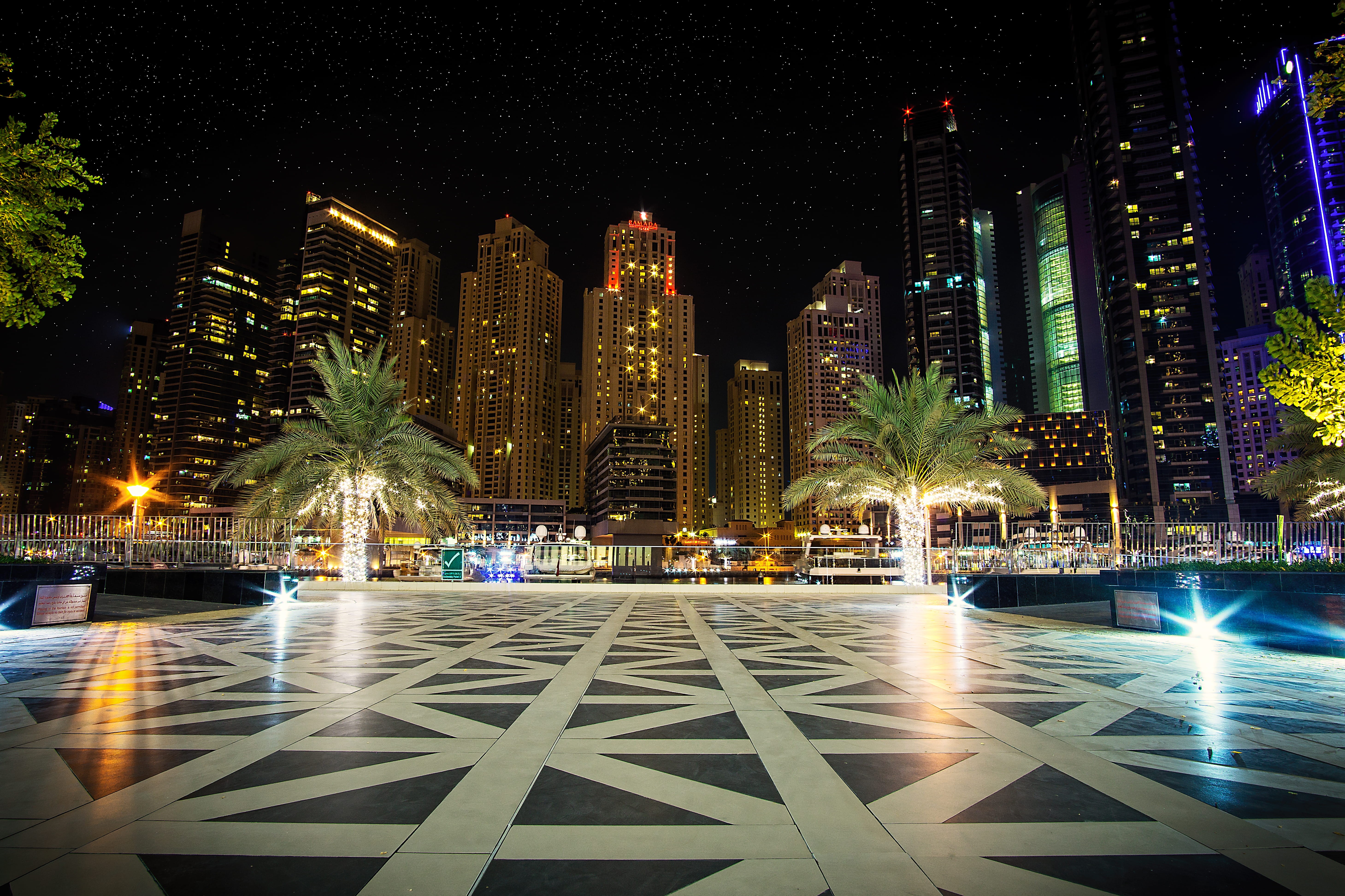 tall - high, office, united arab emirates, cityscape, dubai, water, stars, city, 5K, skyscraper, built structure, holiday, lighting equipment, modern, HD Wallpaper