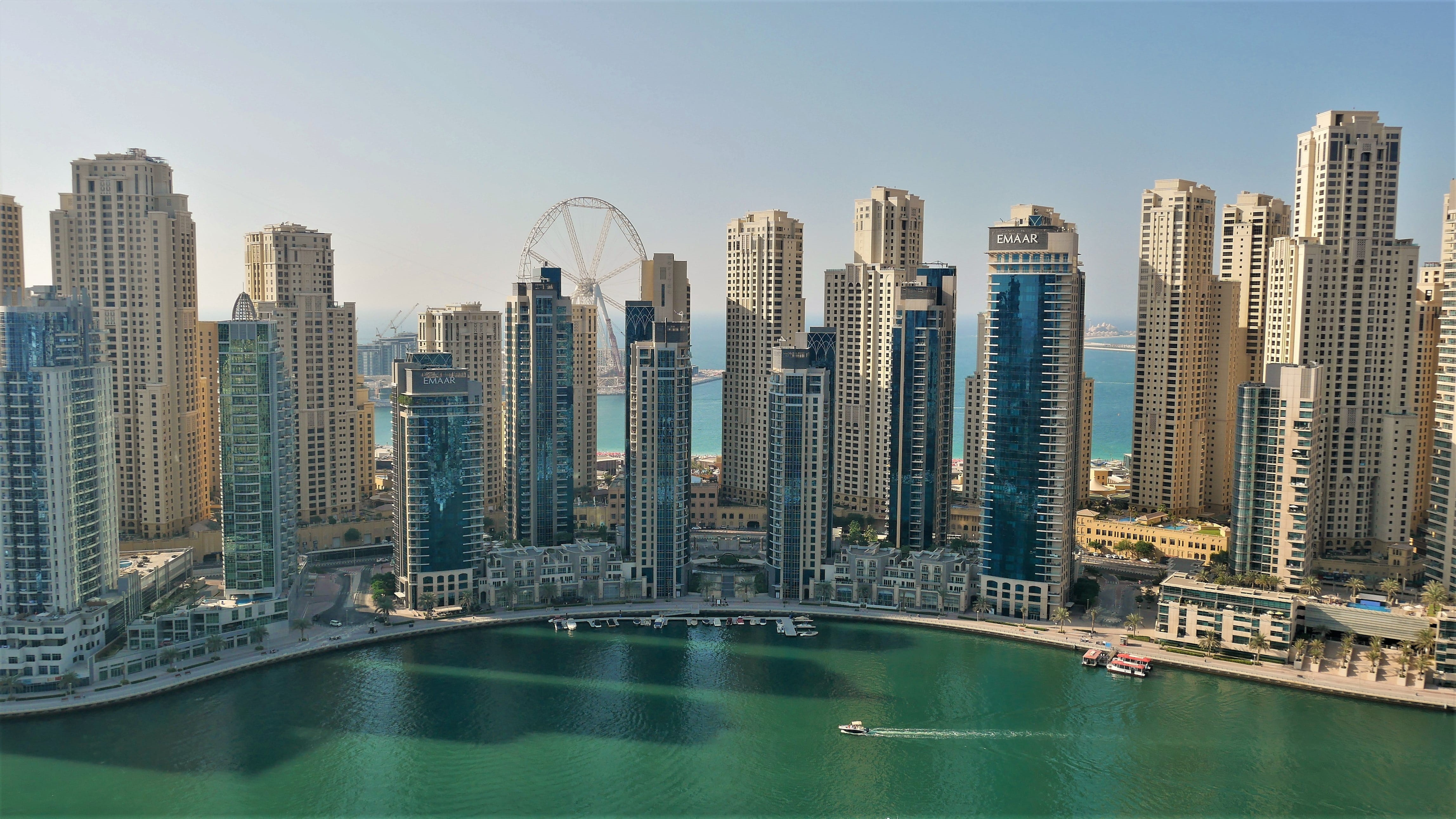 water, tourism, ferris wheel, architecture, office building exterior, journey, sky, bay, financial district, marina, urban skyline, modern, city, outdoors, HD Wallpaper