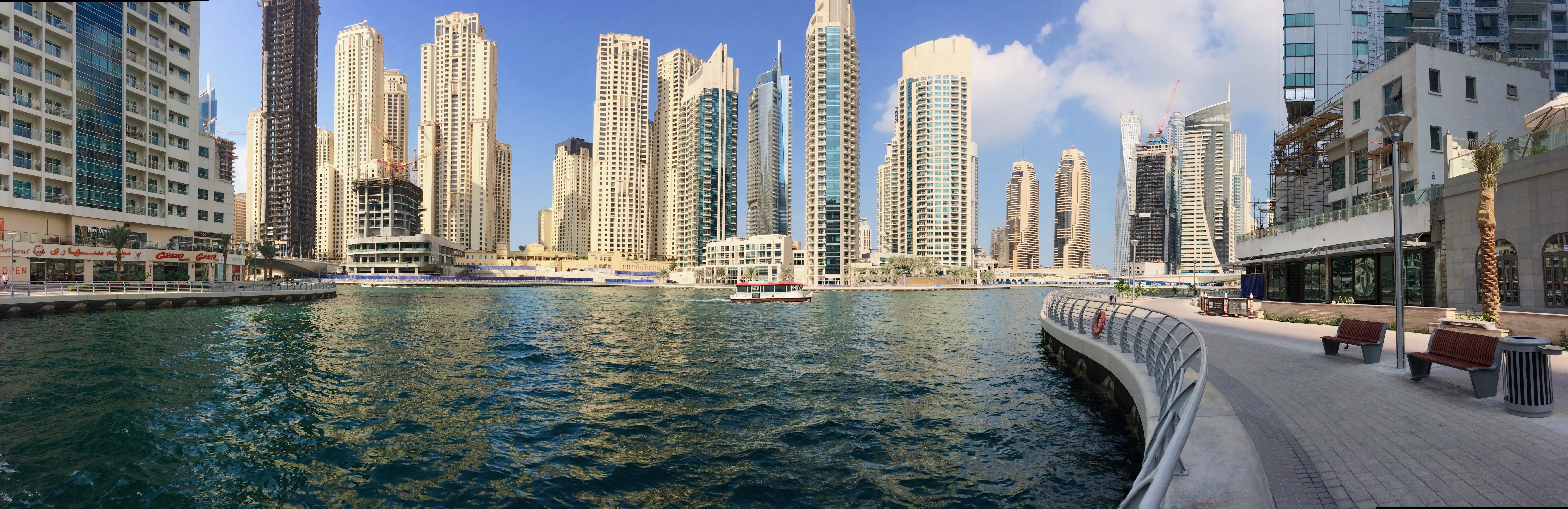 middle east, urban skyline, water, modern, building, tall - high, sky, nautical vessel, united arab emirates, dubai marina, built structure, nature, city, HD Wallpaper