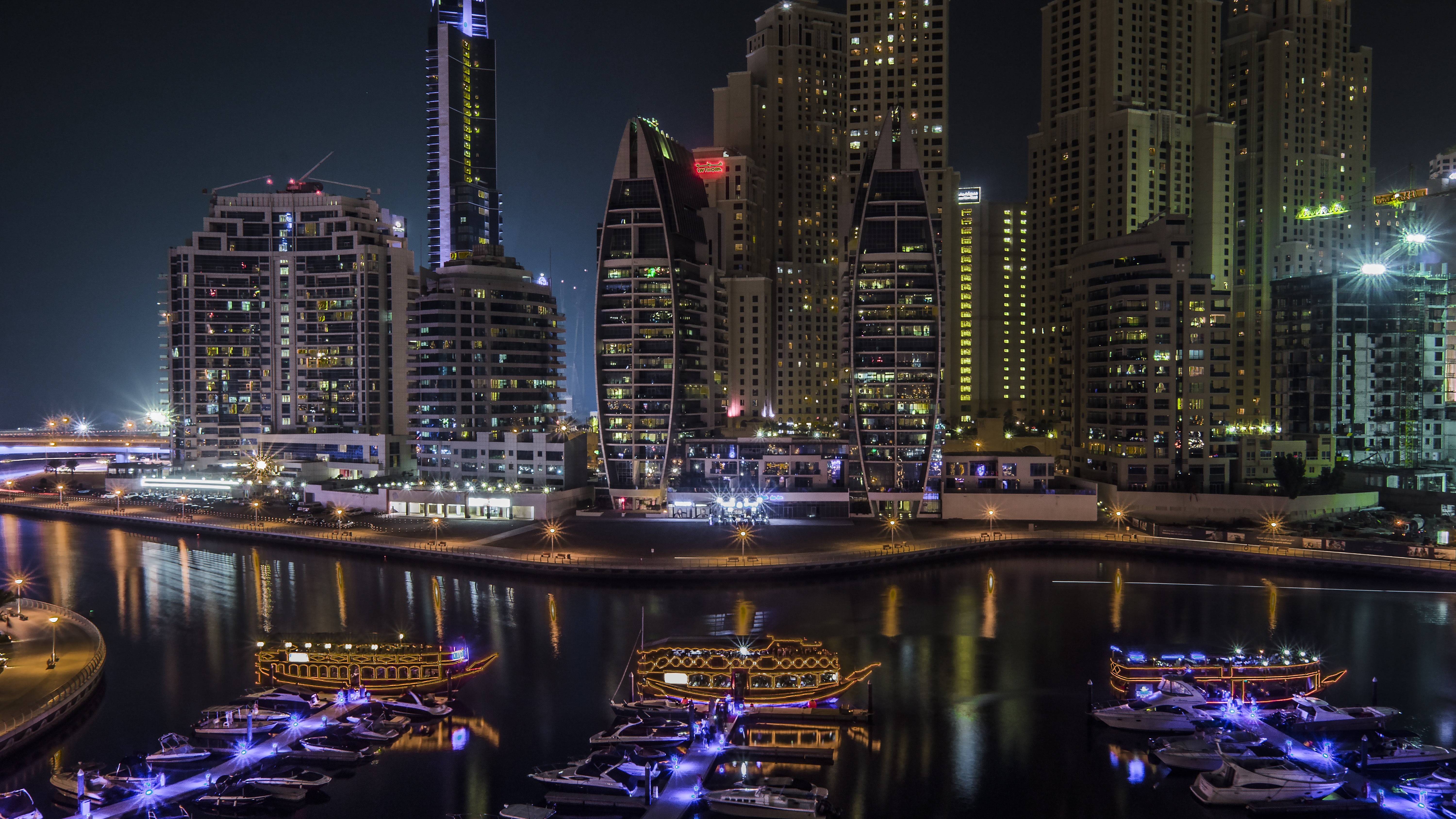 residential, skyline, escape, building, no people, united, view, modern, arab, skyscraper, architecture, yacht, marina, nighttime, ian watts, dubai, light, HD Wallpaper