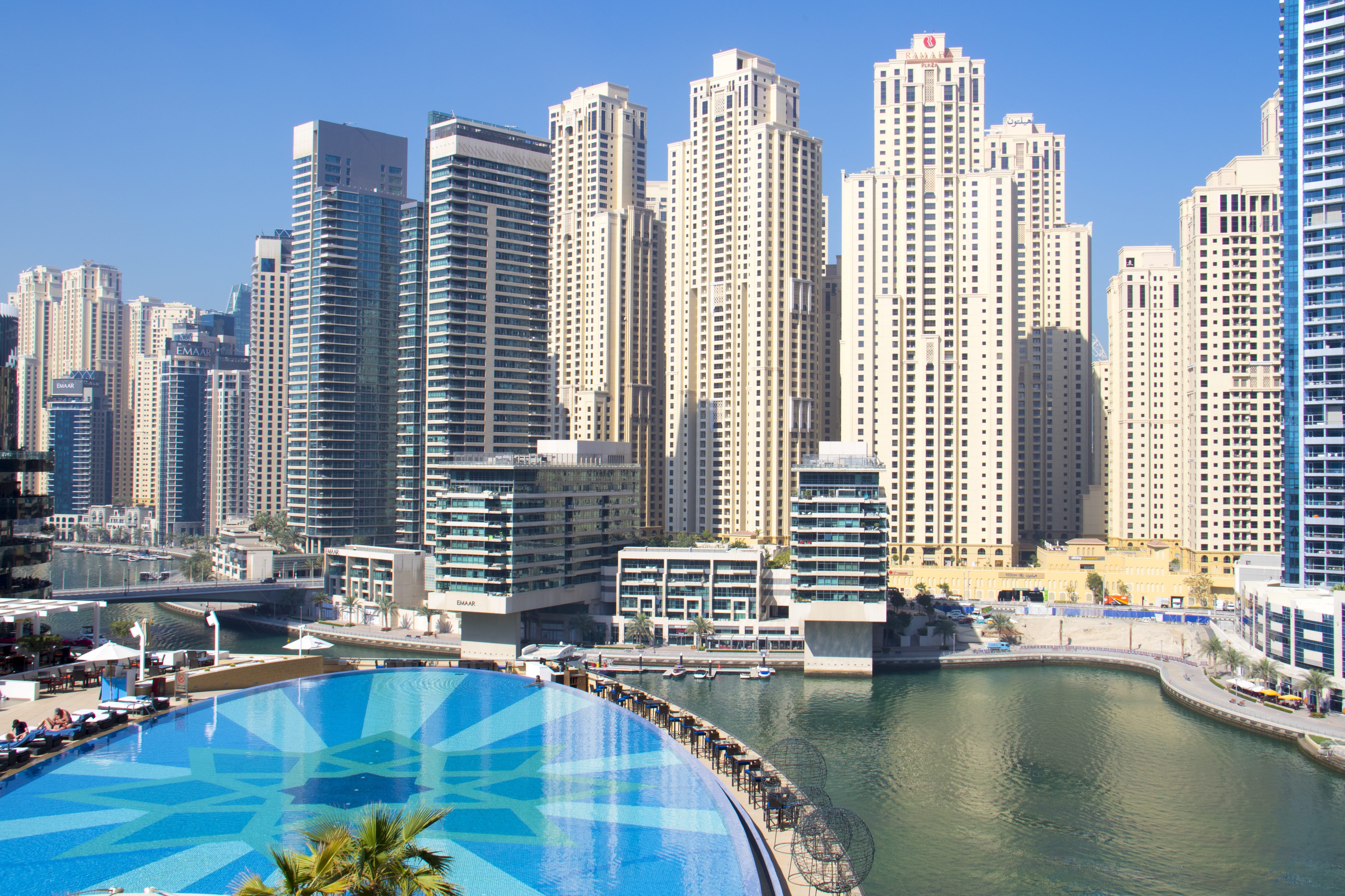 city, nature, cityscape, vacation, united arab emirates, skyscraper, pool, apartment, window, marina, swimming pool, holiday, ground, modern, sky, urban, HD Wallpaper
