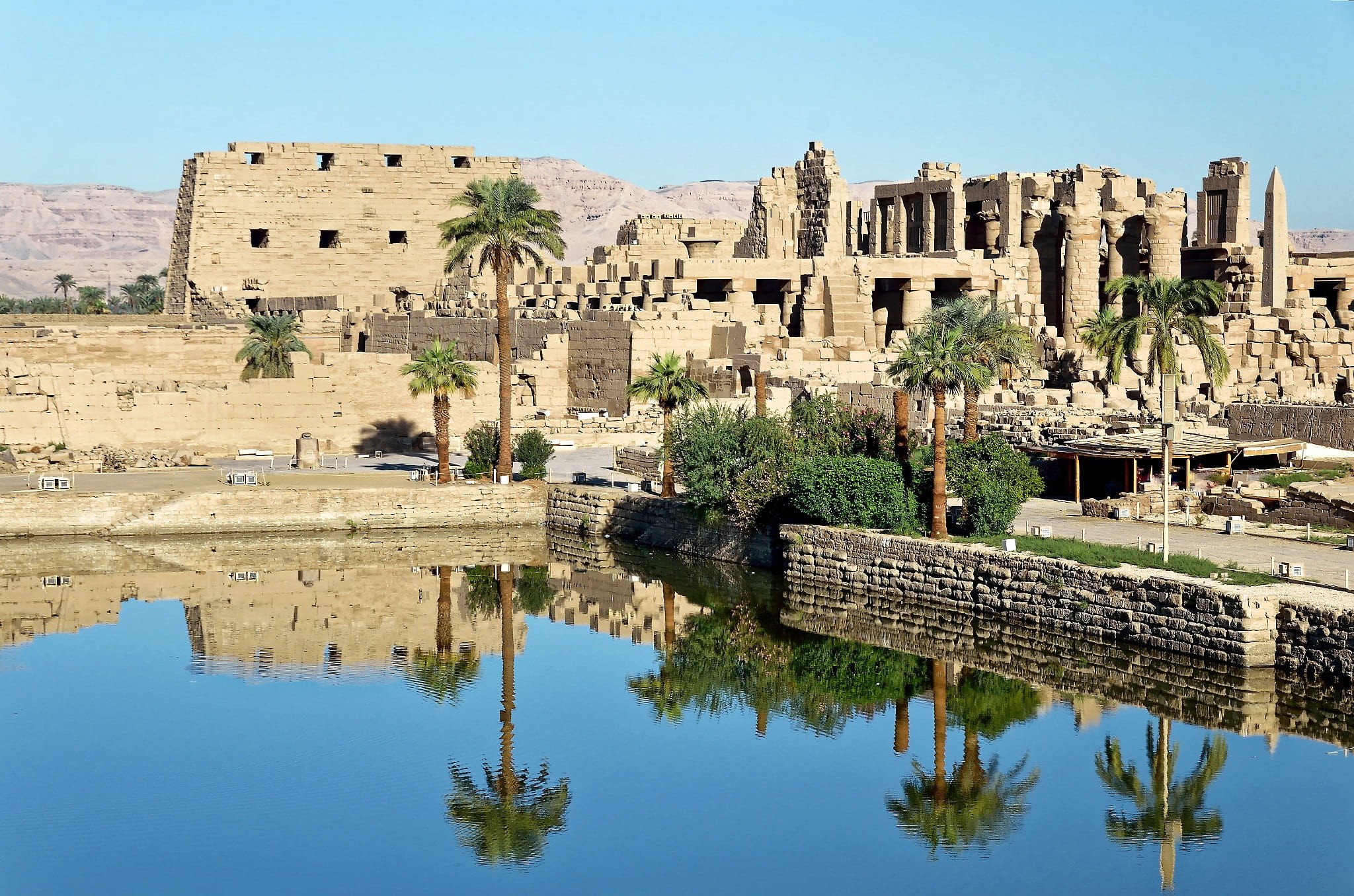 waters, architectural column, nature, building exterior, ruined, no people, architecture, egypt, 1080P, history, luxor, sky, old ruin, water, the past, HD Wallpaper