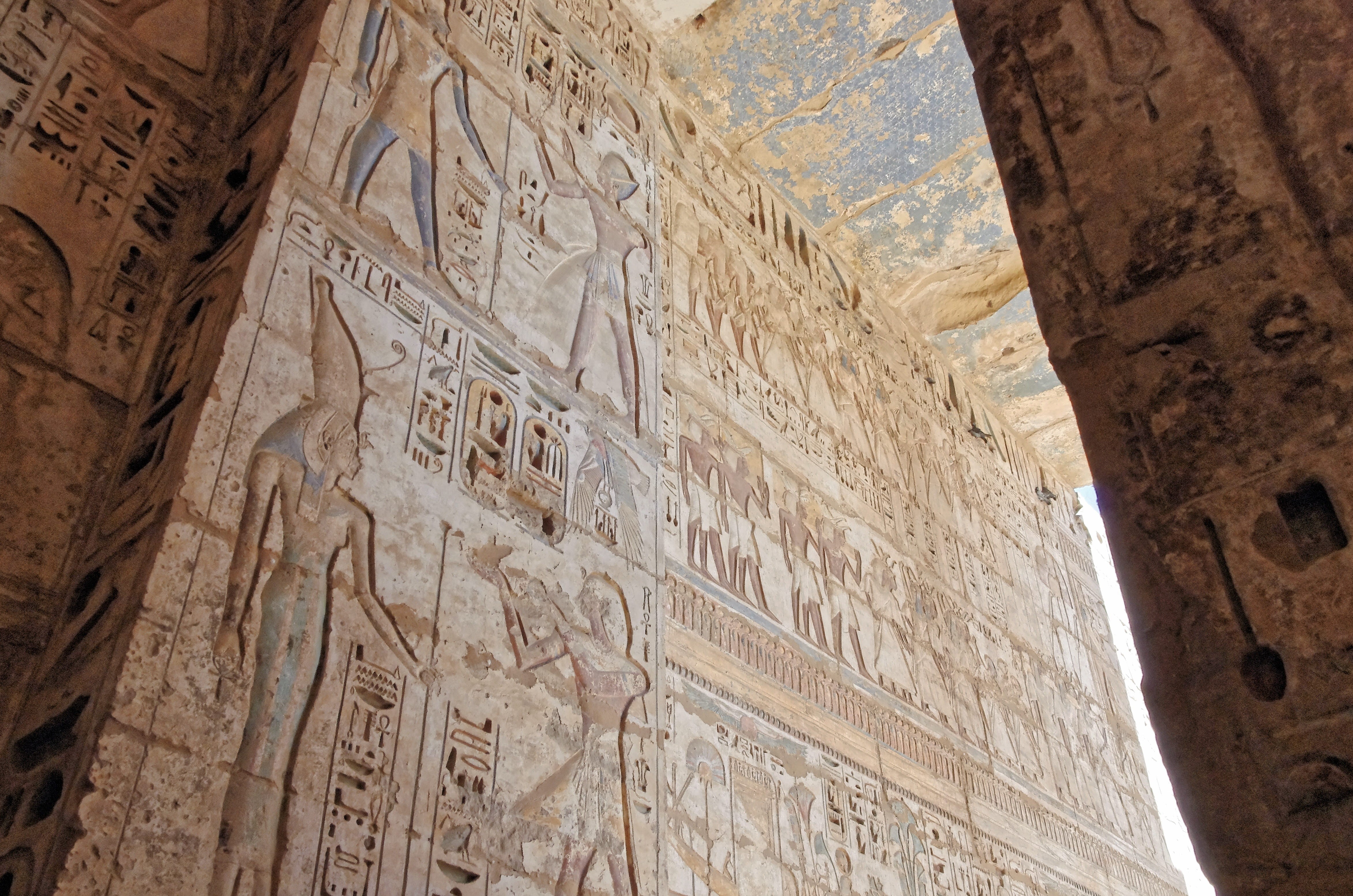 egypt, the past, no people, ancient civilization, outdoors, hieroglyphs, belief, color, archaeology, bas relief, ruined, 4K, art and craft, representation, HD Wallpaper