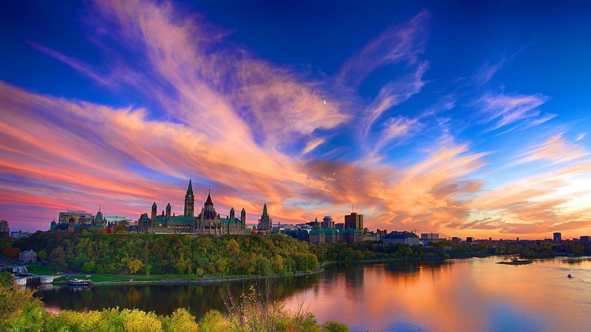 body, outdoors, building, trees, river, nature, cityscape, reflection, built structure, tower, government, clouds, Canada, water, building exterior, cathedral, HD Wallpaper