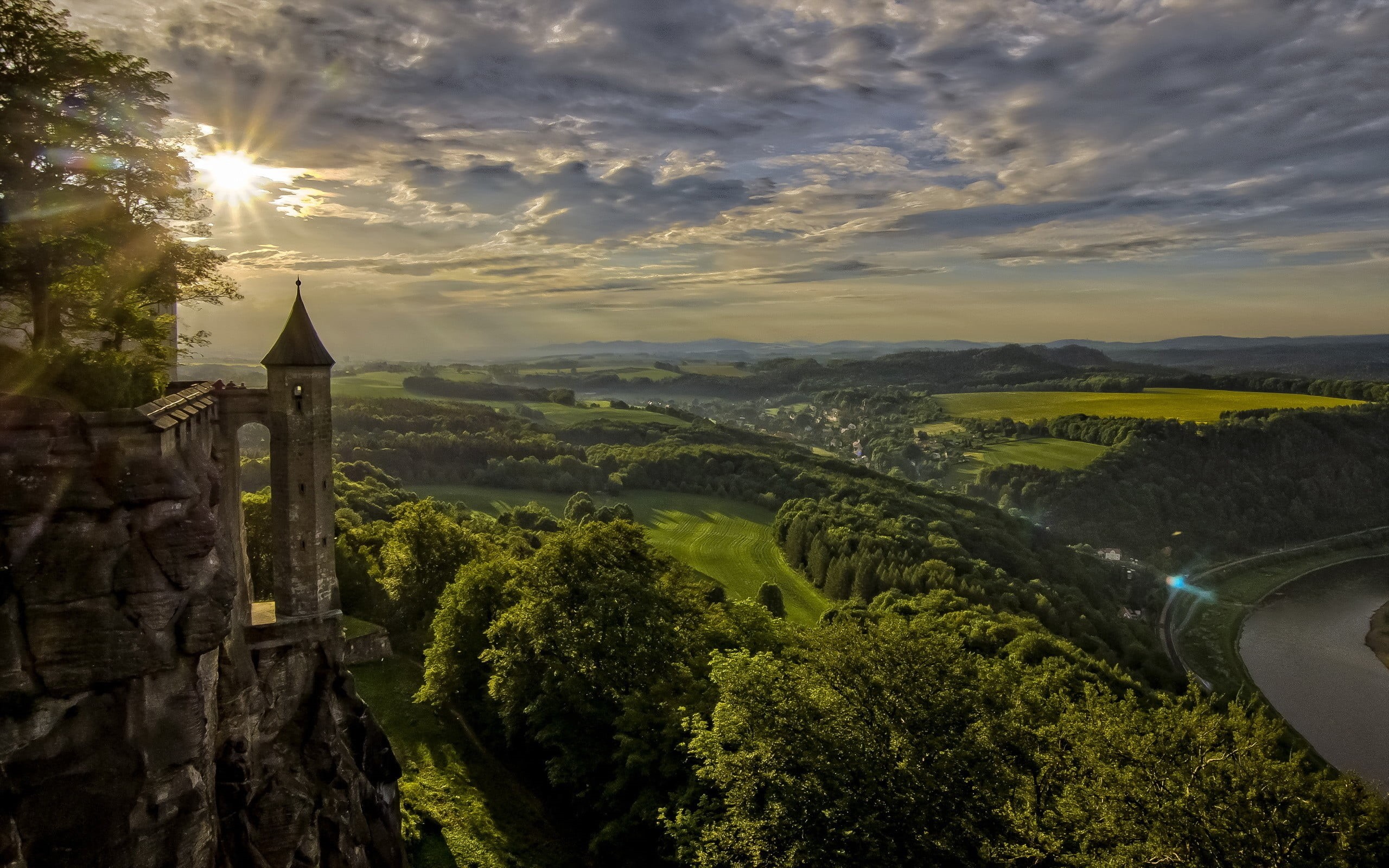 trees, hills, tree, growth, outdoors, green, building exterior, sun rays, plant, architecture, landscape, scenics - nature, beauty in nature, forest, mountain, HD Wallpaper