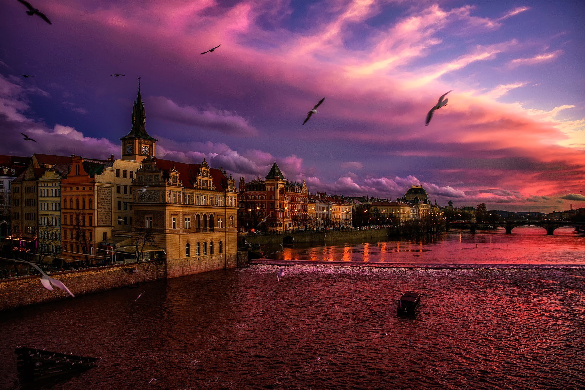 building exterior, birds, reflection, animal themes, bridge, travel destinations, evening, river, church, Prague, cityscape, sunset, building, waterfront, HD Wallpaper