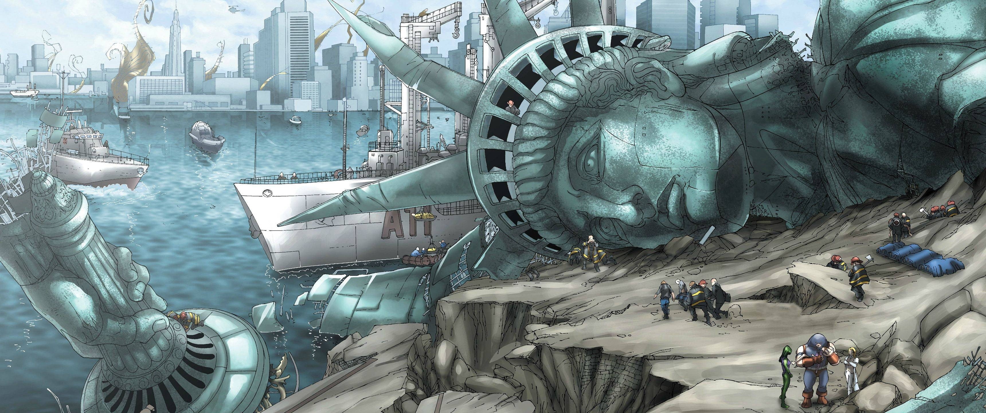 skyscraper, artwork, financial district, statue, X-Men, transportation, office building exterior, silver colored, building exterior, modern, tower, travel destinations, HD Wallpaper