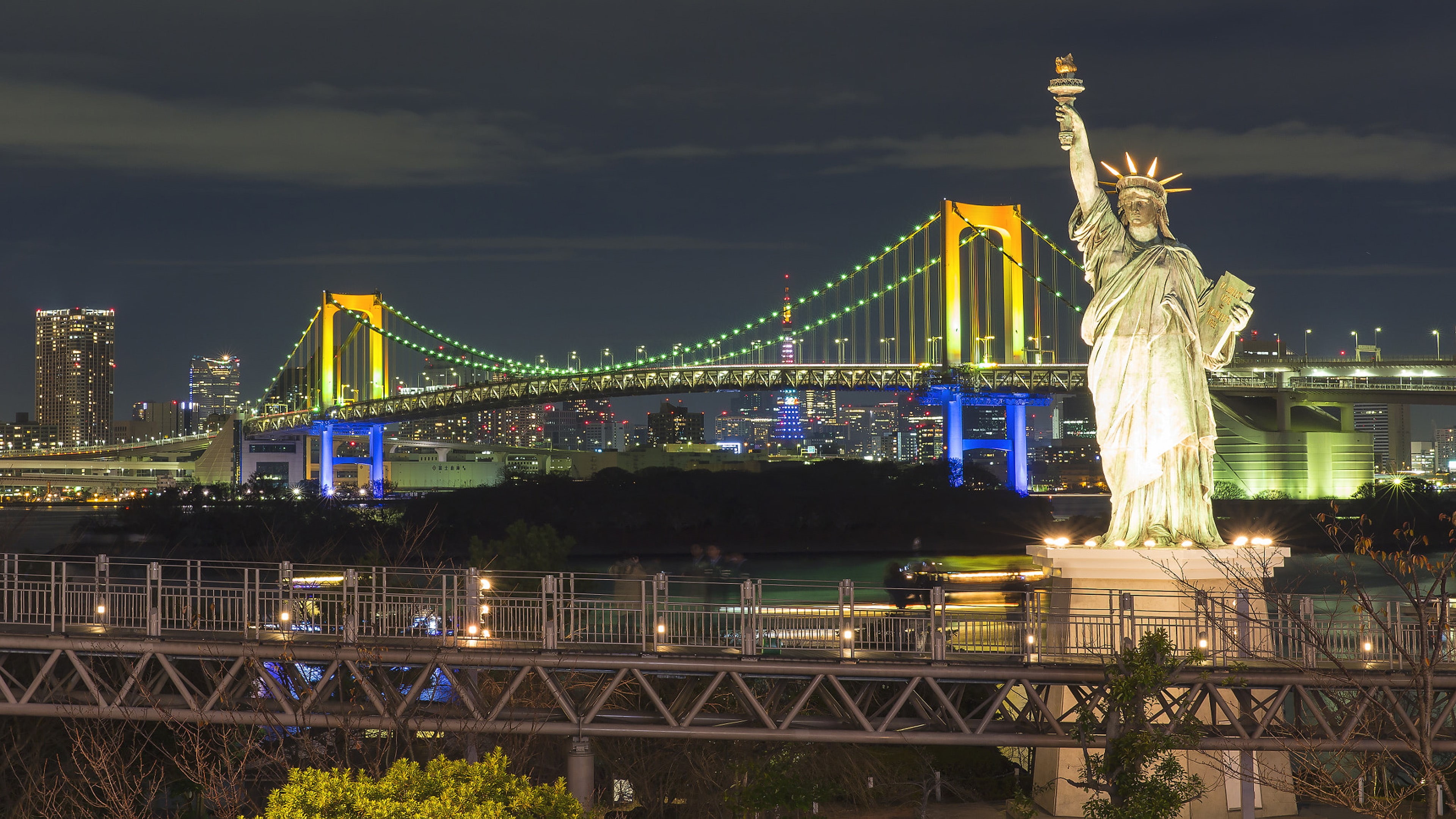 hd, liberty, phones, computers, tokyo, desktop, 4K, japan, tablet, mobile, bridge, replicas, odaiba, ultra, statue, rainbow, island, laptop,, HD Wallpaper