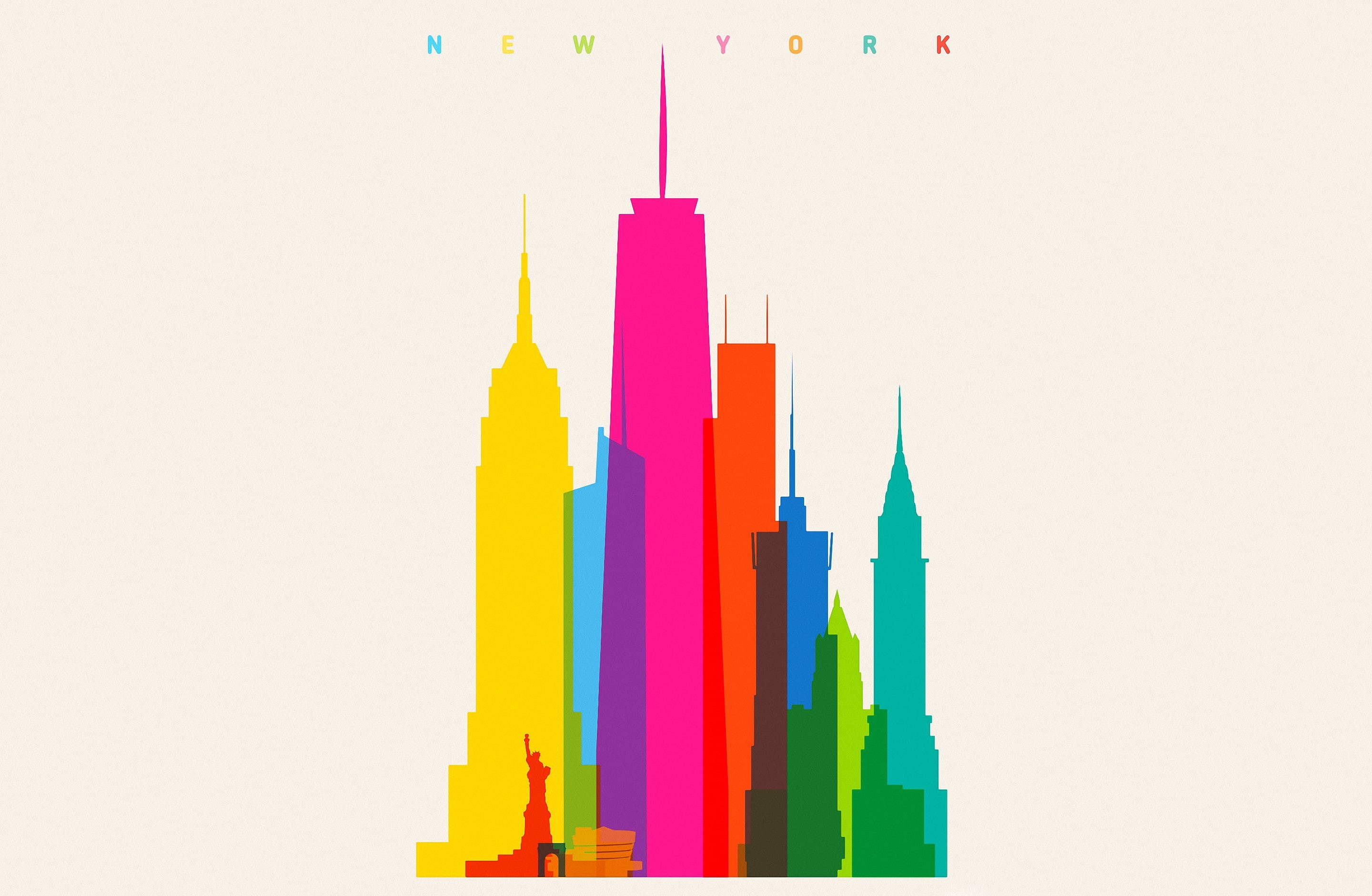 New York City, dom Tower, building, 2K, white background, cityscape, skyscraper, minimalism, tower, artwork, Statue of Liberty, colorful, digital art, HD Wallpaper