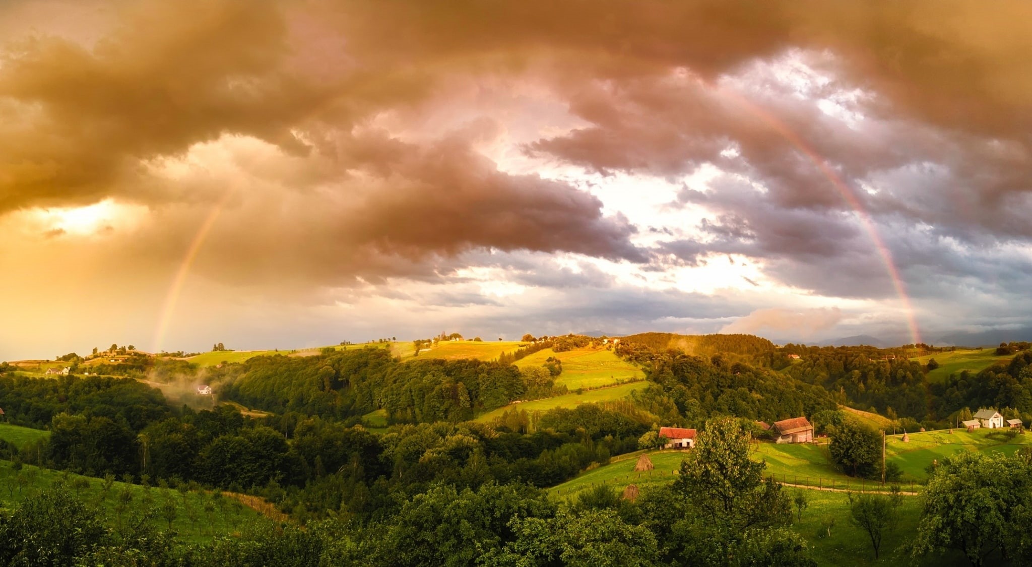 green color, sky, 1080P, Trees, Beautiful, forest, Rainbow, scenics - nature, outdoors, Landscape, tranquil scene, tranquility, Nature, dramatic sky, 180degrees, HD Wallpaper