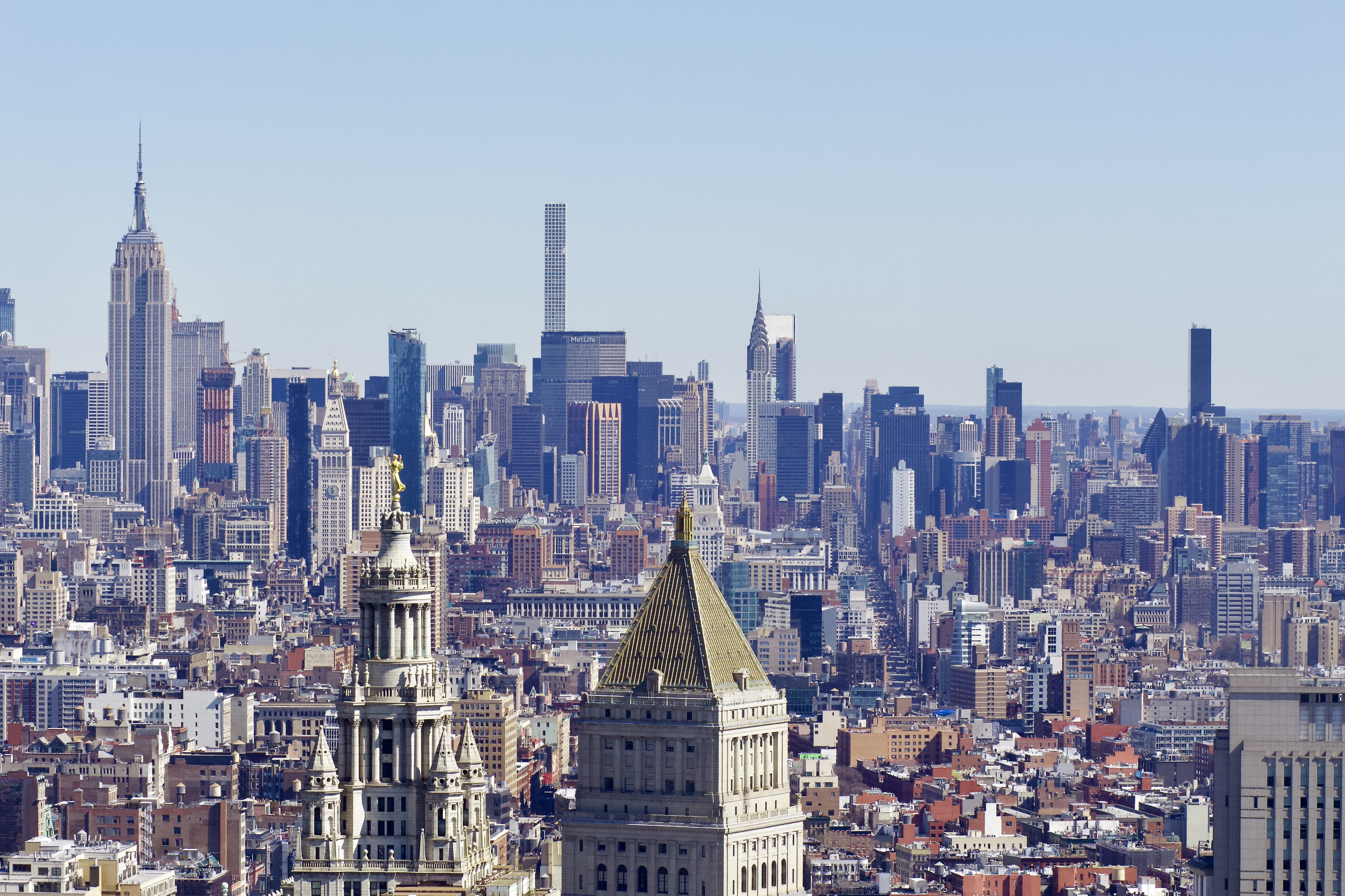 crowd, aerial, empire state building, 432 park avenue, architecture, blue, nyc, office building exterior, financial district, urban, outdoors, 4K, skyscraper, HD Wallpaper