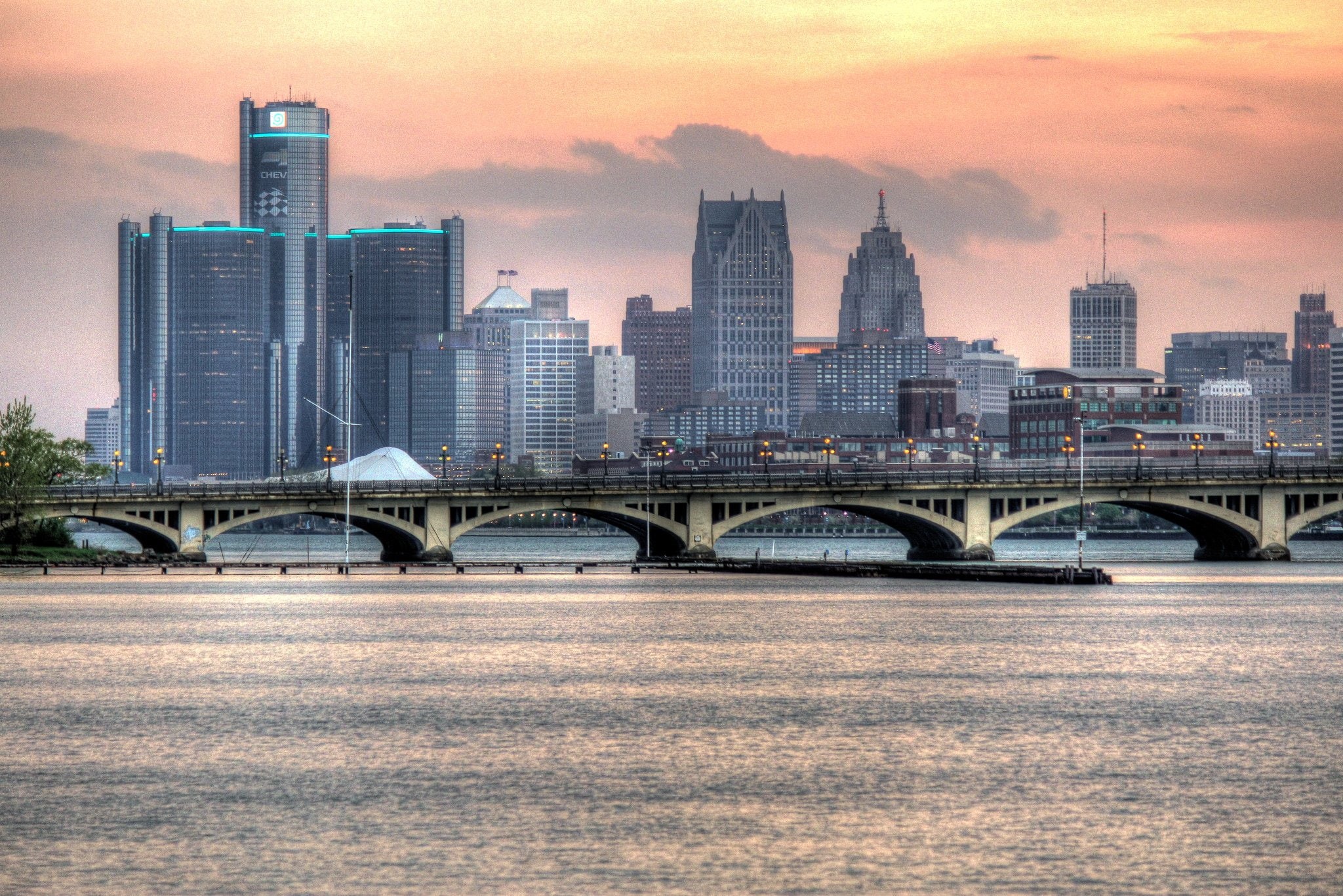 docks, ford, cities, bridges, usa, jet, chrysler, michigan, detroit, storehouses, downtown, offices, stores, 1080P, port, buildings, architecture, night, HD Wallpaper